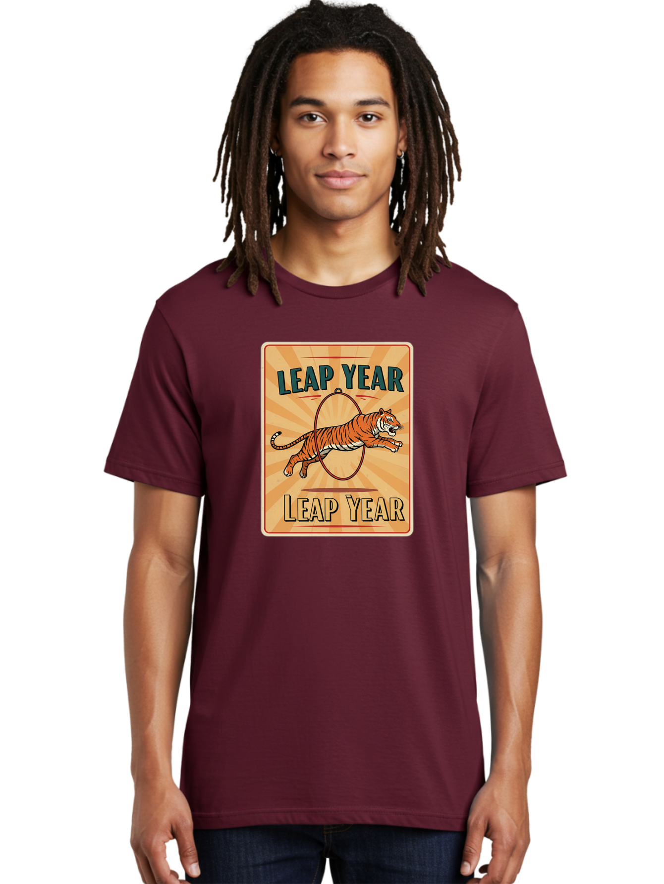 Leap-Year Men'S Graphic Tee, 100% Cotton, Comfortable Casual Summer Wear, Machine Washable, Leaping Tiger, Circus Act, Vintage Poster, Retro Design, Tiger Jumping Through Hoop, Playful Graphics, Bold Typography, Leap Year Theme, Bac117