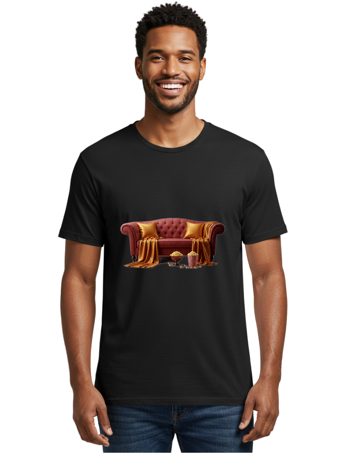 Leather-Sofa Men'S Graphic Tee, 100% Cotton, Comfortable Casual Summer Wear, Machine Washable, Red Couch, Golden Pillows, Golden Blanket, Popcorn, Popcorn Bowl, Popcorn Bucket, Cinema Experience, Home Entertainment, Cozy Atmosphere, Bac118