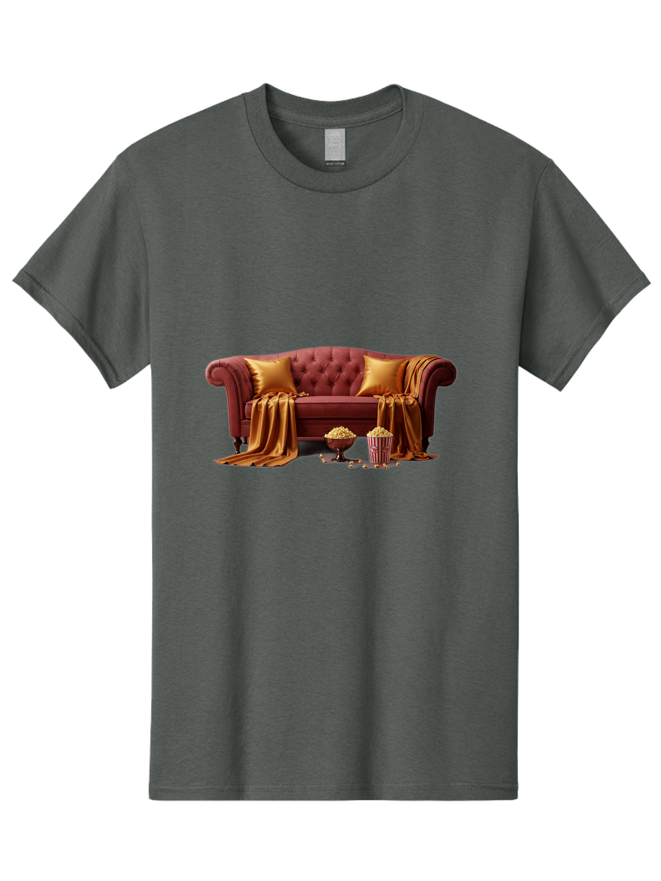 Leather-Sofa Men'S Graphic Tee, 100% Cotton, Comfortable Casual Summer Wear, Machine Washable, Red Couch, Golden Pillows, Golden Blanket, Popcorn, Popcorn Bowl, Popcorn Bucket, Cinema Experience, Home Entertainment, Cozy Atmosphere, Bac118