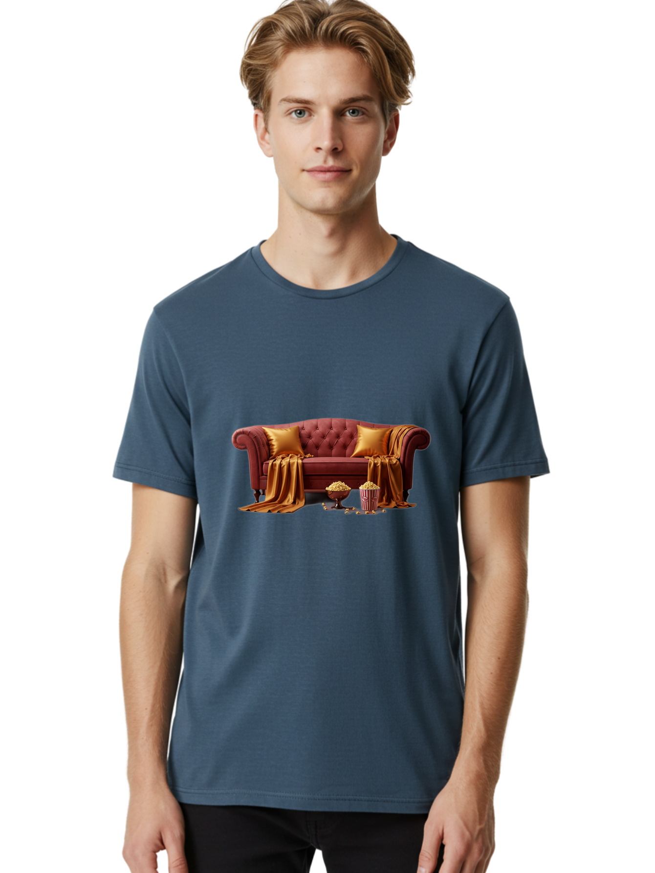 Leather-Sofa Men'S Graphic Tee, 100% Cotton, Comfortable Casual Summer Wear, Machine Washable, Red Couch, Golden Pillows, Golden Blanket, Popcorn, Popcorn Bowl, Popcorn Bucket, Cinema Experience, Home Entertainment, Cozy Atmosphere, Bac118