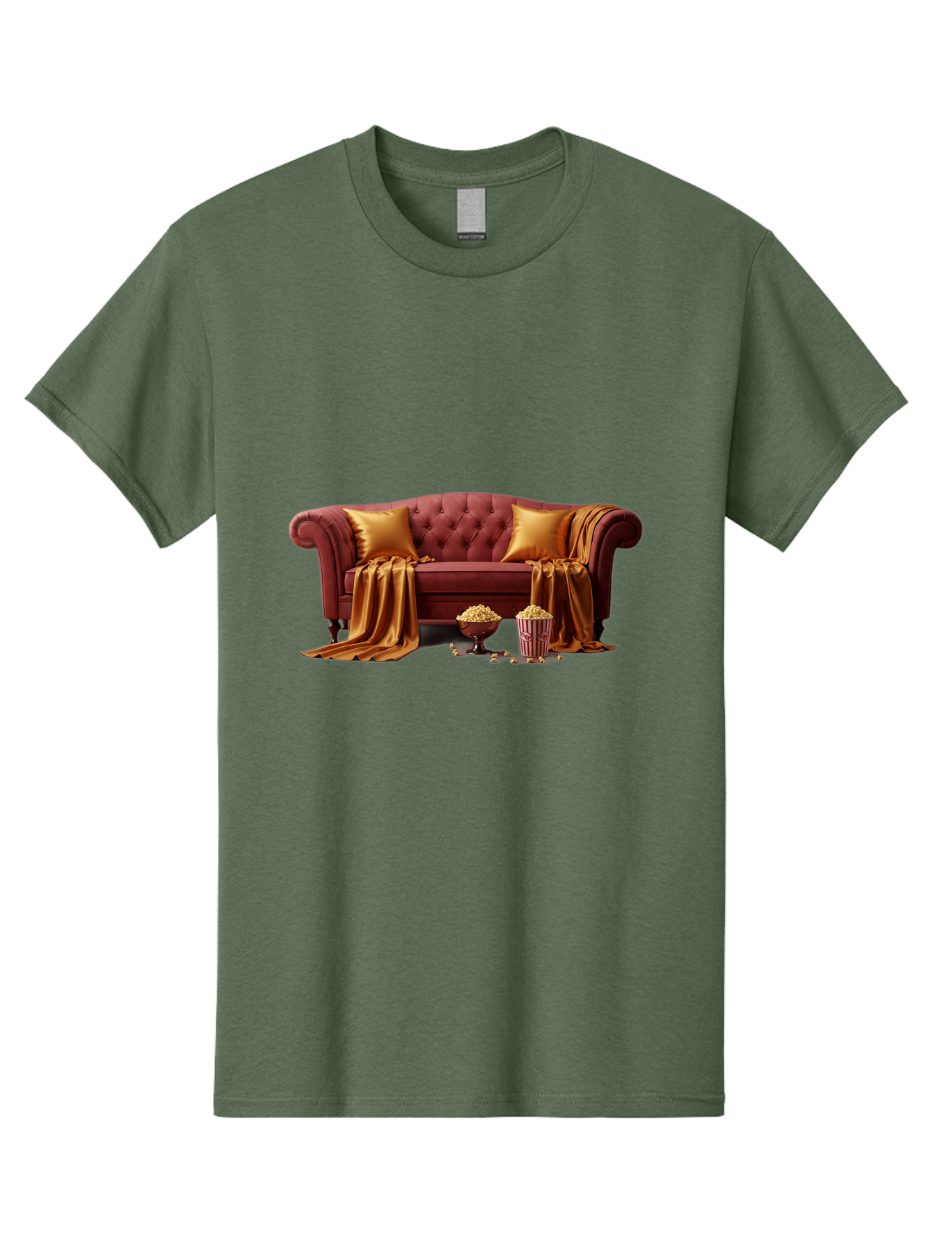 Leather-Sofa Men'S Graphic Tee, 100% Cotton, Comfortable Casual Summer Wear, Machine Washable, Red Couch, Golden Pillows, Golden Blanket, Popcorn, Popcorn Bowl, Popcorn Bucket, Cinema Experience, Home Entertainment, Cozy Atmosphere, Bac118