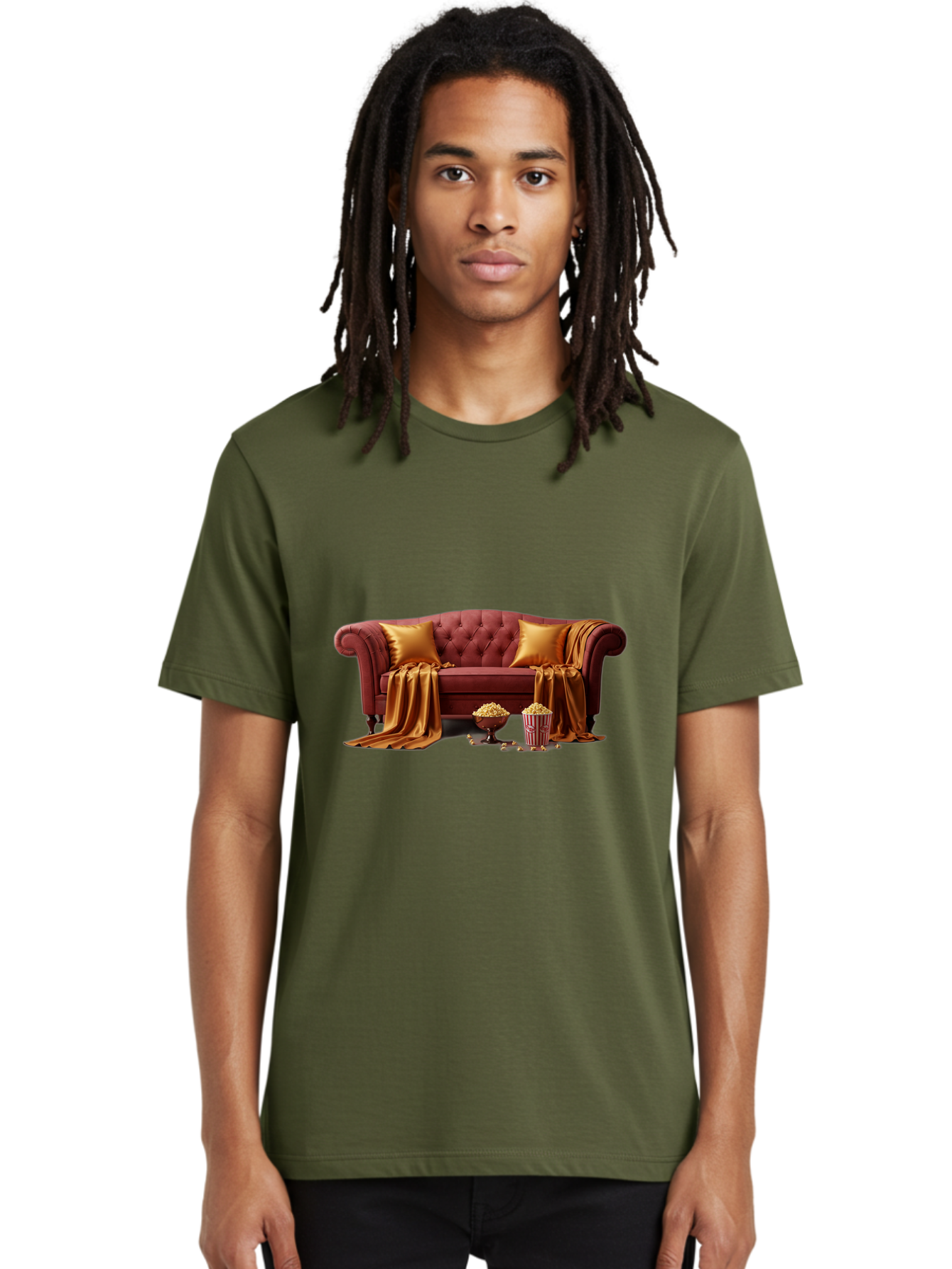 Leather-Sofa Men'S Graphic Tee, 100% Cotton, Comfortable Casual Summer Wear, Machine Washable, Red Couch, Golden Pillows, Golden Blanket, Popcorn, Popcorn Bowl, Popcorn Bucket, Cinema Experience, Home Entertainment, Cozy Atmosphere, Bac118
