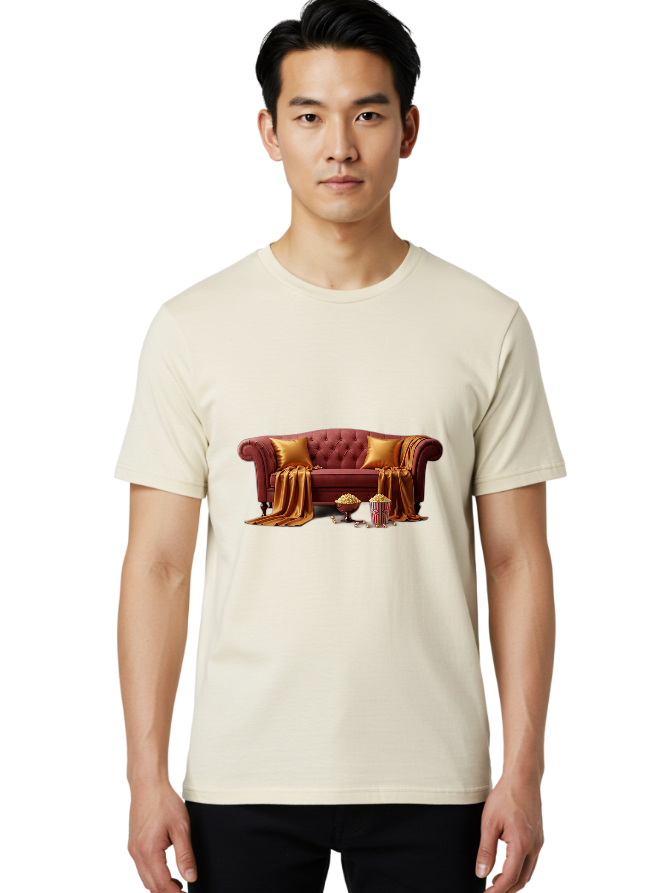 Leather-Sofa Men'S Graphic Tee, 100% Cotton, Comfortable Casual Summer Wear, Machine Washable, Red Couch, Golden Pillows, Golden Blanket, Popcorn, Popcorn Bowl, Popcorn Bucket, Cinema Experience, Home Entertainment, Cozy Atmosphere, Bac118