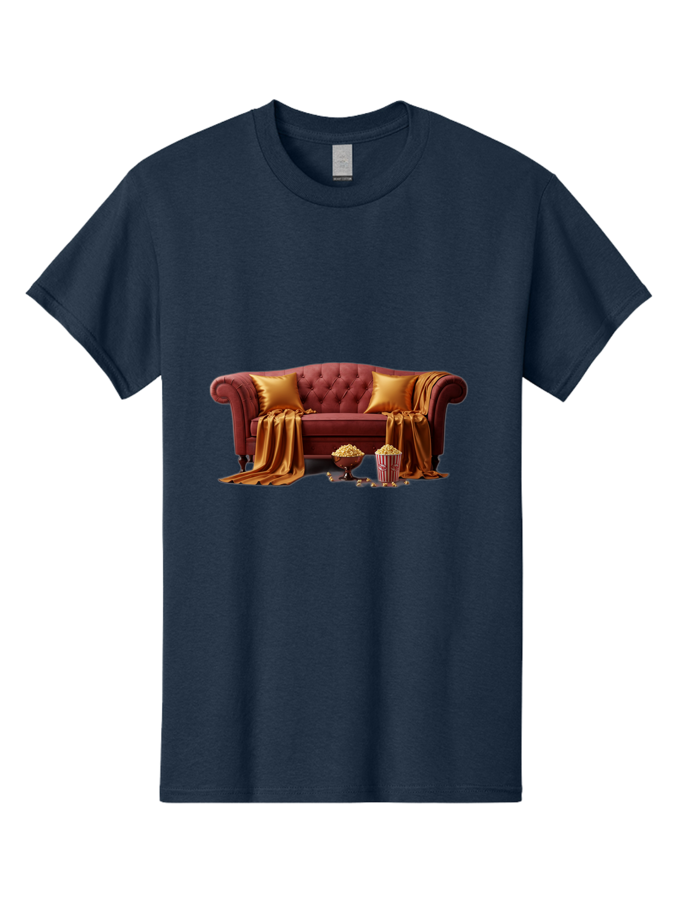 Leather-Sofa Men'S Graphic Tee, 100% Cotton, Comfortable Casual Summer Wear, Machine Washable, Red Couch, Golden Pillows, Golden Blanket, Popcorn, Popcorn Bowl, Popcorn Bucket, Cinema Experience, Home Entertainment, Cozy Atmosphere, Bac118