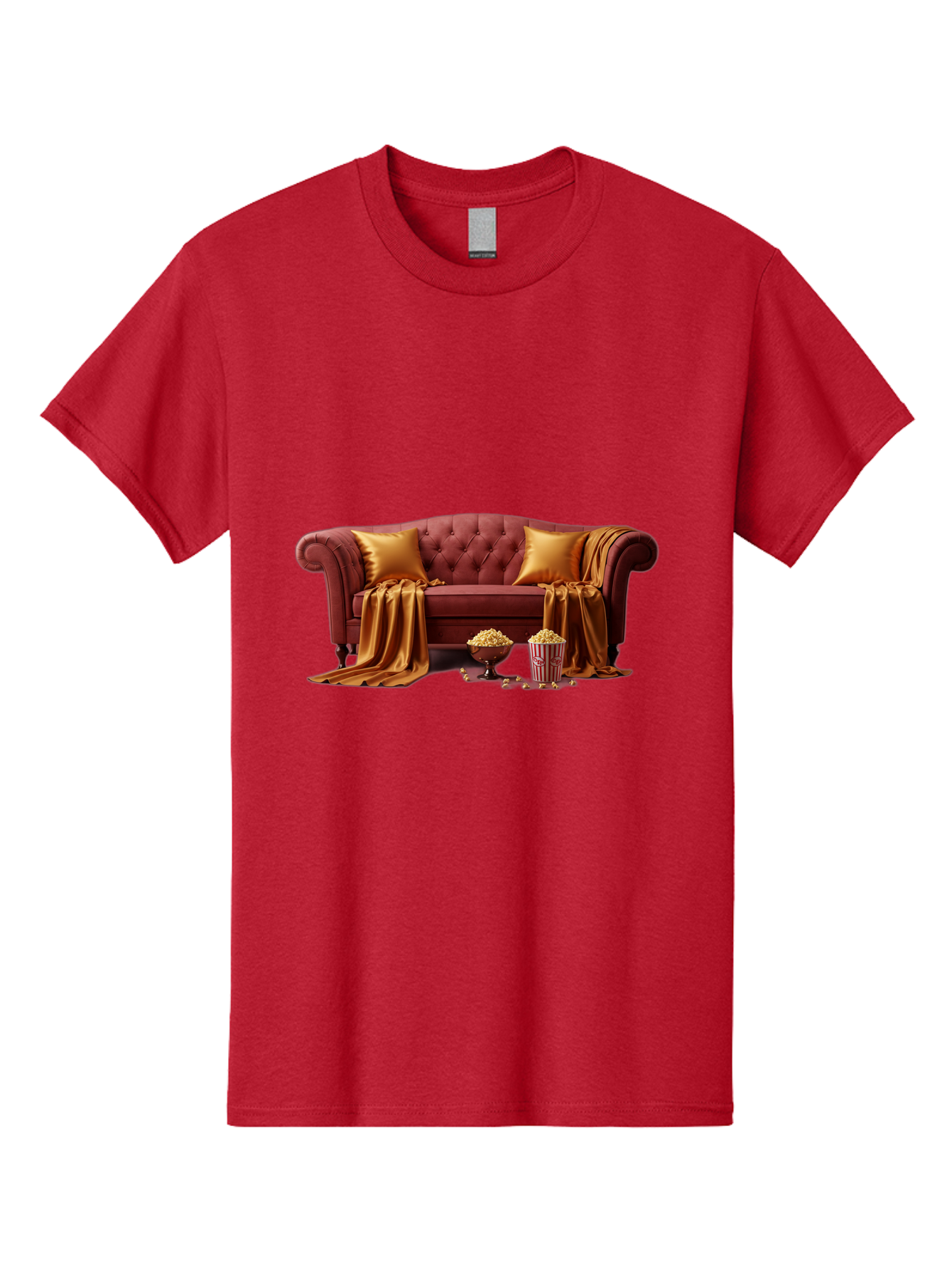Leather-Sofa Men'S Graphic Tee, 100% Cotton, Comfortable Casual Summer Wear, Machine Washable, Red Couch, Golden Pillows, Golden Blanket, Popcorn, Popcorn Bowl, Popcorn Bucket, Cinema Experience, Home Entertainment, Cozy Atmosphere, Bac118