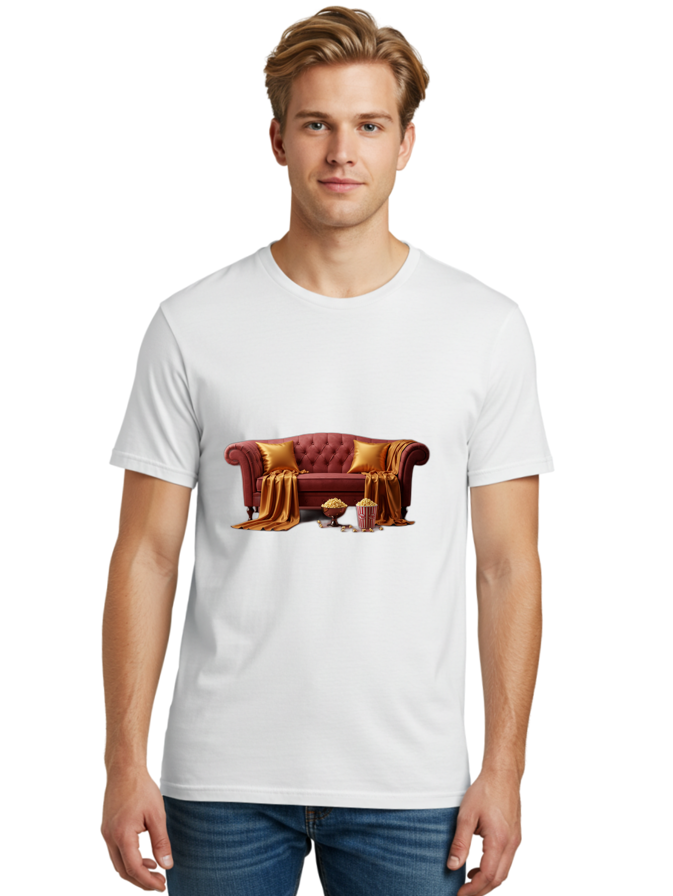 Leather-Sofa Men'S Graphic Tee, 100% Cotton, Comfortable Casual Summer Wear, Machine Washable, Red Couch, Golden Pillows, Golden Blanket, Popcorn, Popcorn Bowl, Popcorn Bucket, Cinema Experience, Home Entertainment, Cozy Atmosphere, Bac118