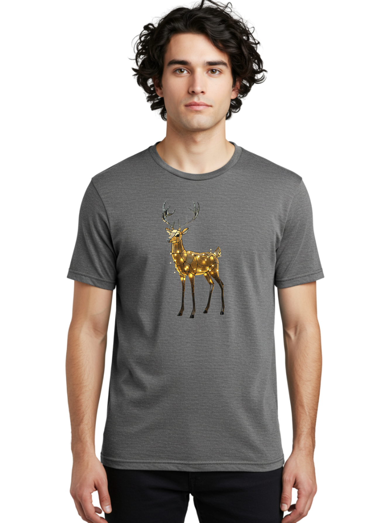 Led-Reindeer Men'S Graphic Tee, 100% Cotton, Comfortable Casual Summer Wear, Machine Washable, Illuminated Reindeer, Golden Lights, Festive Decor, Christmas Display, Holiday Decoration, Wire Sculpture, Glowing Ornament, Seasonal Display Bac119