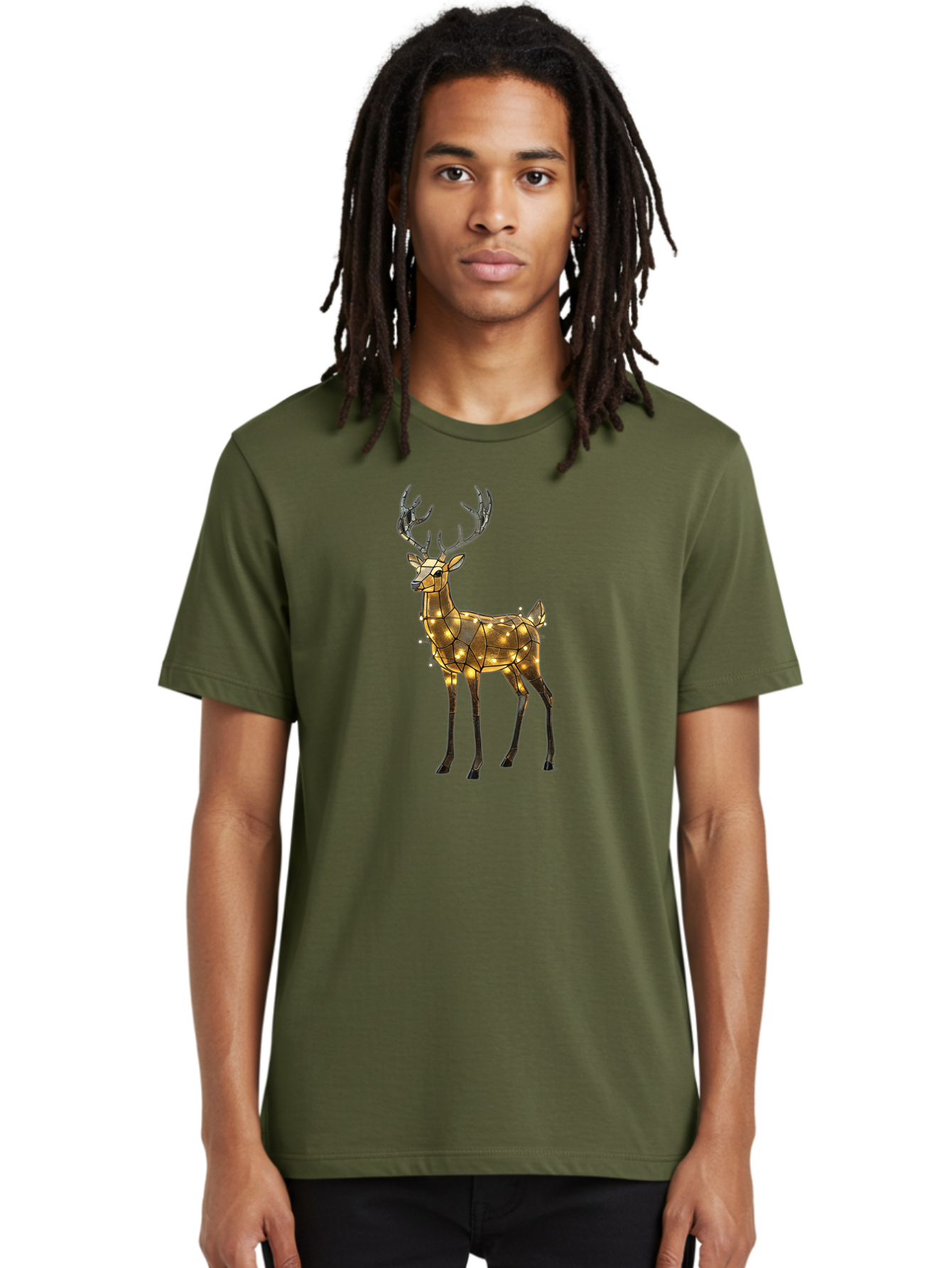 Led-Reindeer Men'S Graphic Tee, 100% Cotton, Comfortable Casual Summer Wear, Machine Washable, Illuminated Reindeer, Golden Lights, Festive Decor, Christmas Display, Holiday Decoration, Wire Sculpture, Glowing Ornament, Seasonal Display Bac119
