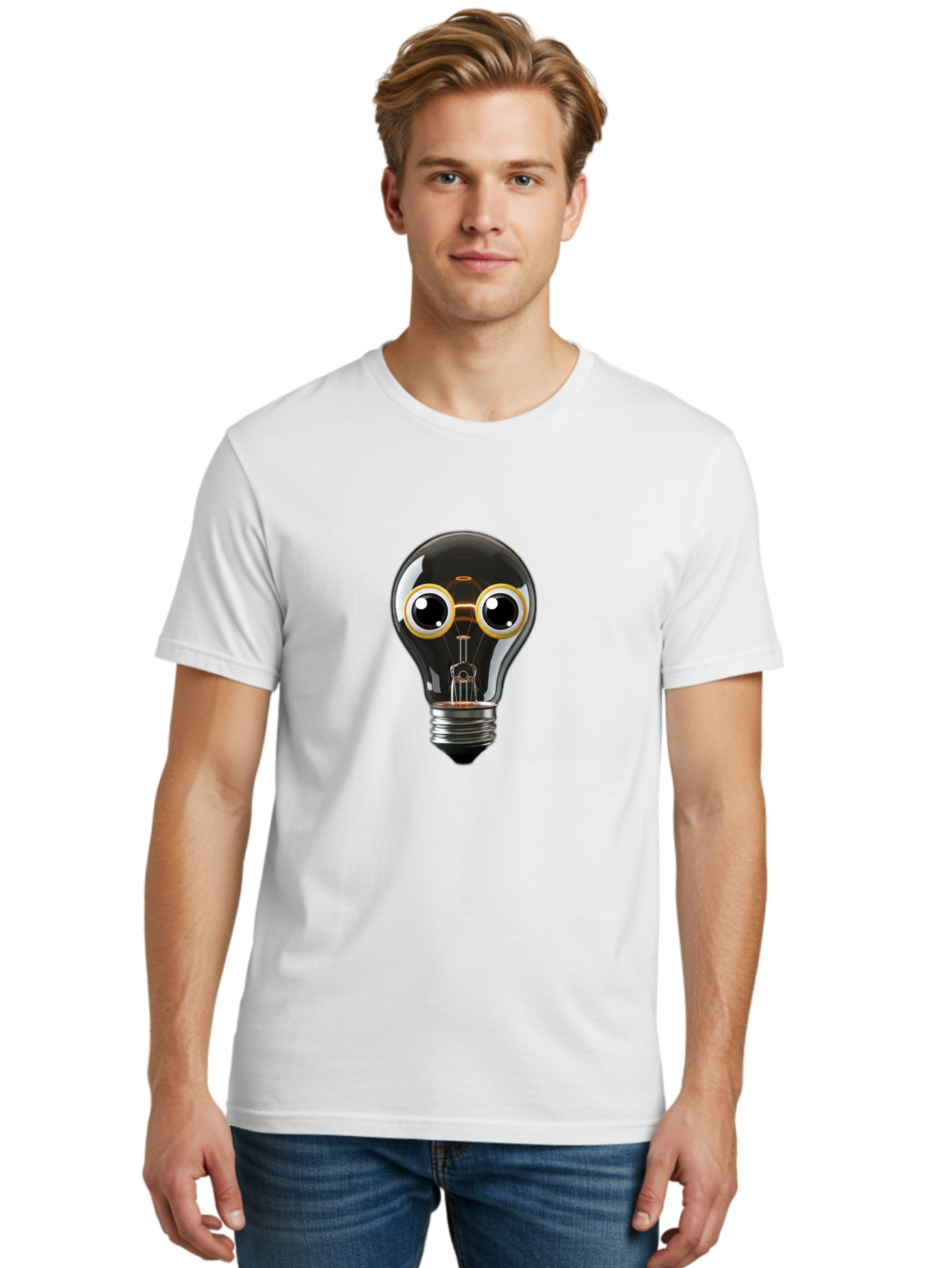 Light-Bulb-Eyes Men'S Graphic Tee, 100% Cotton, Comfortable Casual Summer Wear, Machine Washable, Cartoon Light Bulb, Light Bulb Character, Creative Idea, Innovation, Inspiration, Creative Thinking, Problem Solving Bac120