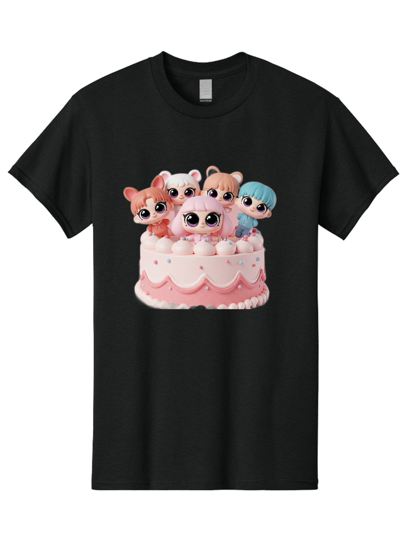 Lps-On-Cake Men'S Graphic Tee, 100% Cotton, Comfortable Casual Summer Wear, Machine Washable, Cute Dolls On Cake, Pastel Colors, Sweet Treats, Adorable Toys, Kawaii Culture, Doll Collectors, Birthday Celebrations, Pastel Pink And White, Bac124