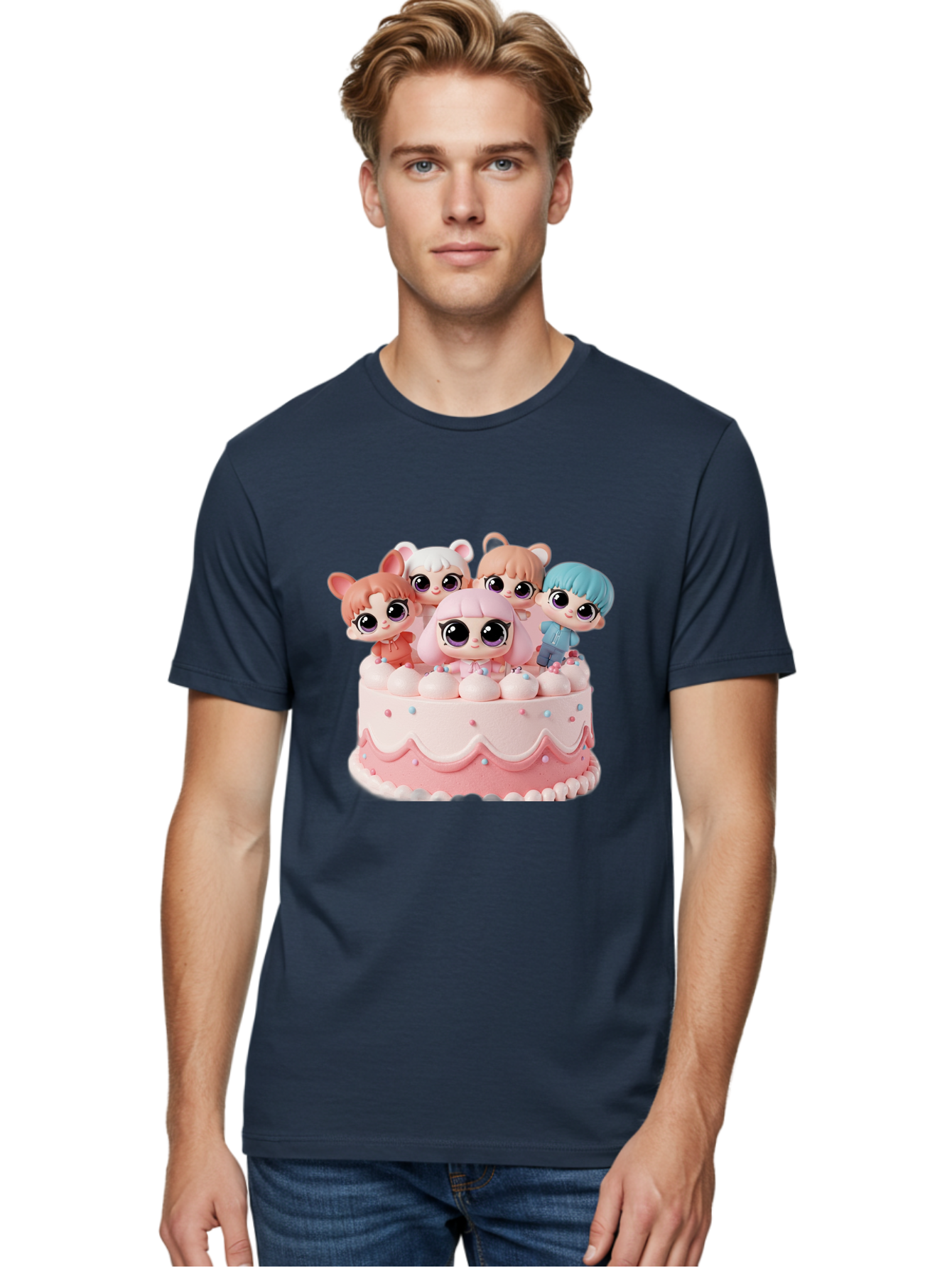 Lps-On-Cake Men'S Graphic Tee, 100% Cotton, Comfortable Casual Summer Wear, Machine Washable, Cute Dolls On Cake, Pastel Colors, Sweet Treats, Adorable Toys, Kawaii Culture, Doll Collectors, Birthday Celebrations, Pastel Pink And White, Bac124