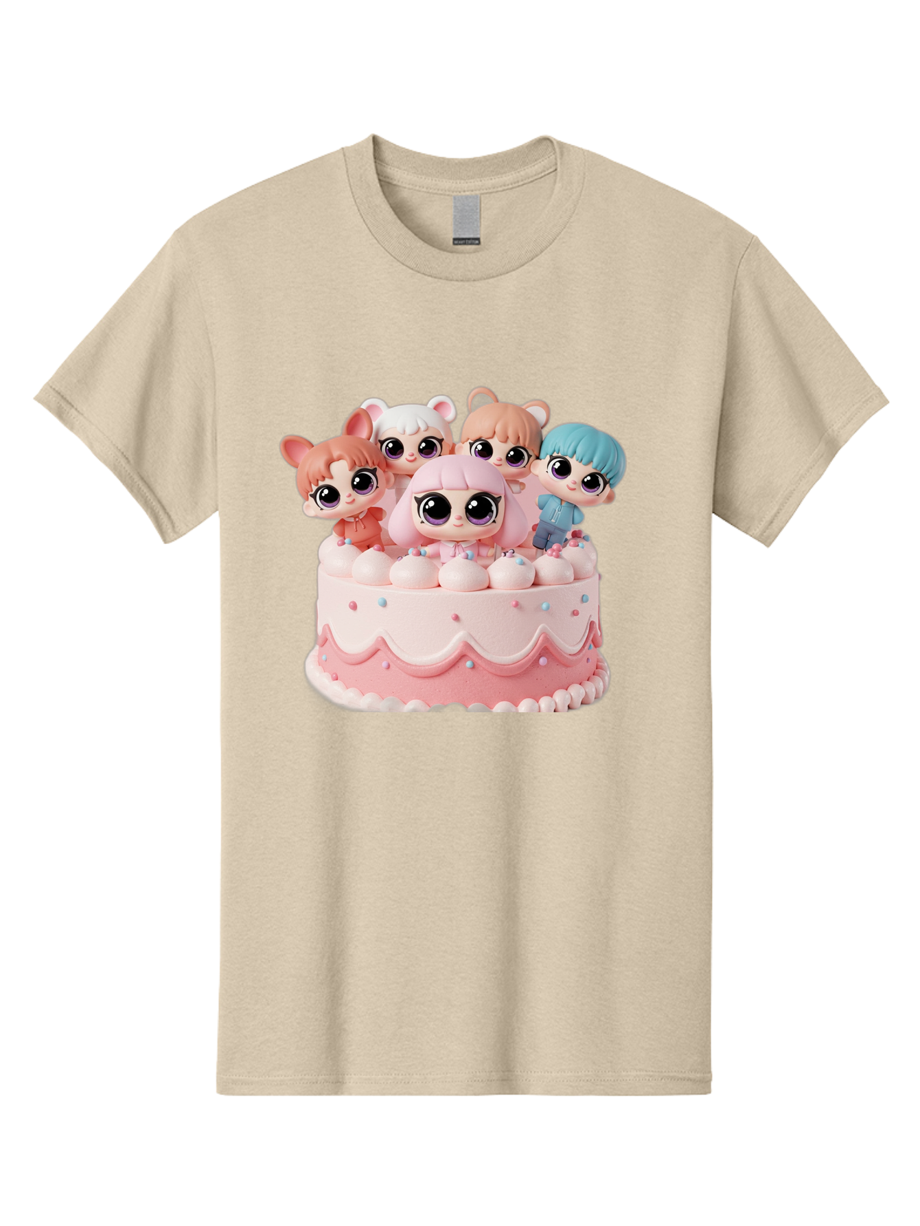 Lps-On-Cake Men'S Graphic Tee, 100% Cotton, Comfortable Casual Summer Wear, Machine Washable, Cute Dolls On Cake, Pastel Colors, Sweet Treats, Adorable Toys, Kawaii Culture, Doll Collectors, Birthday Celebrations, Pastel Pink And White, Bac124