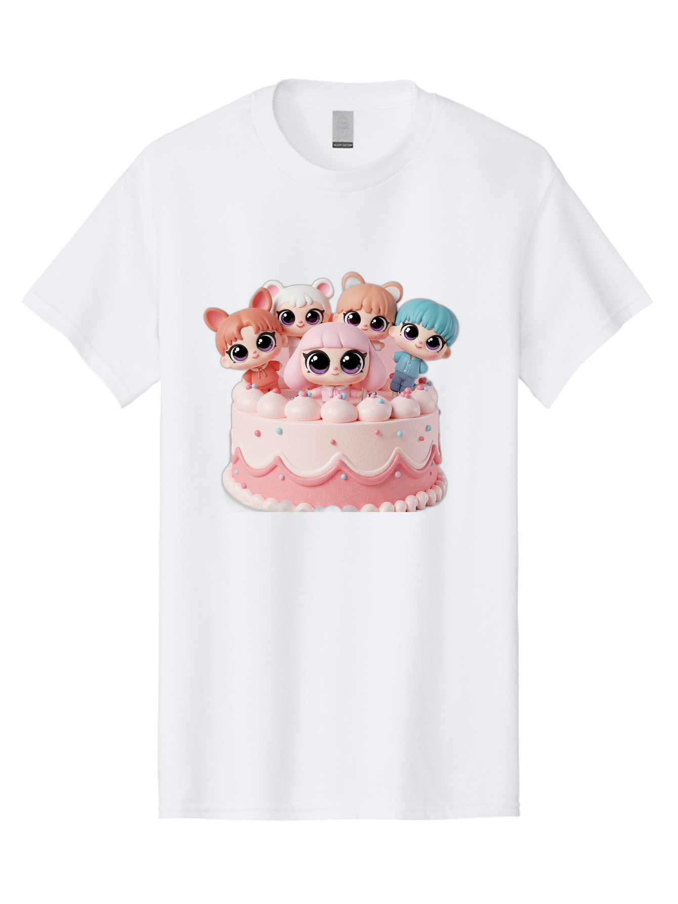 Lps-On-Cake Men'S Graphic Tee, 100% Cotton, Comfortable Casual Summer Wear, Machine Washable, Cute Dolls On Cake, Pastel Colors, Sweet Treats, Adorable Toys, Kawaii Culture, Doll Collectors, Birthday Celebrations, Pastel Pink And White, Bac124