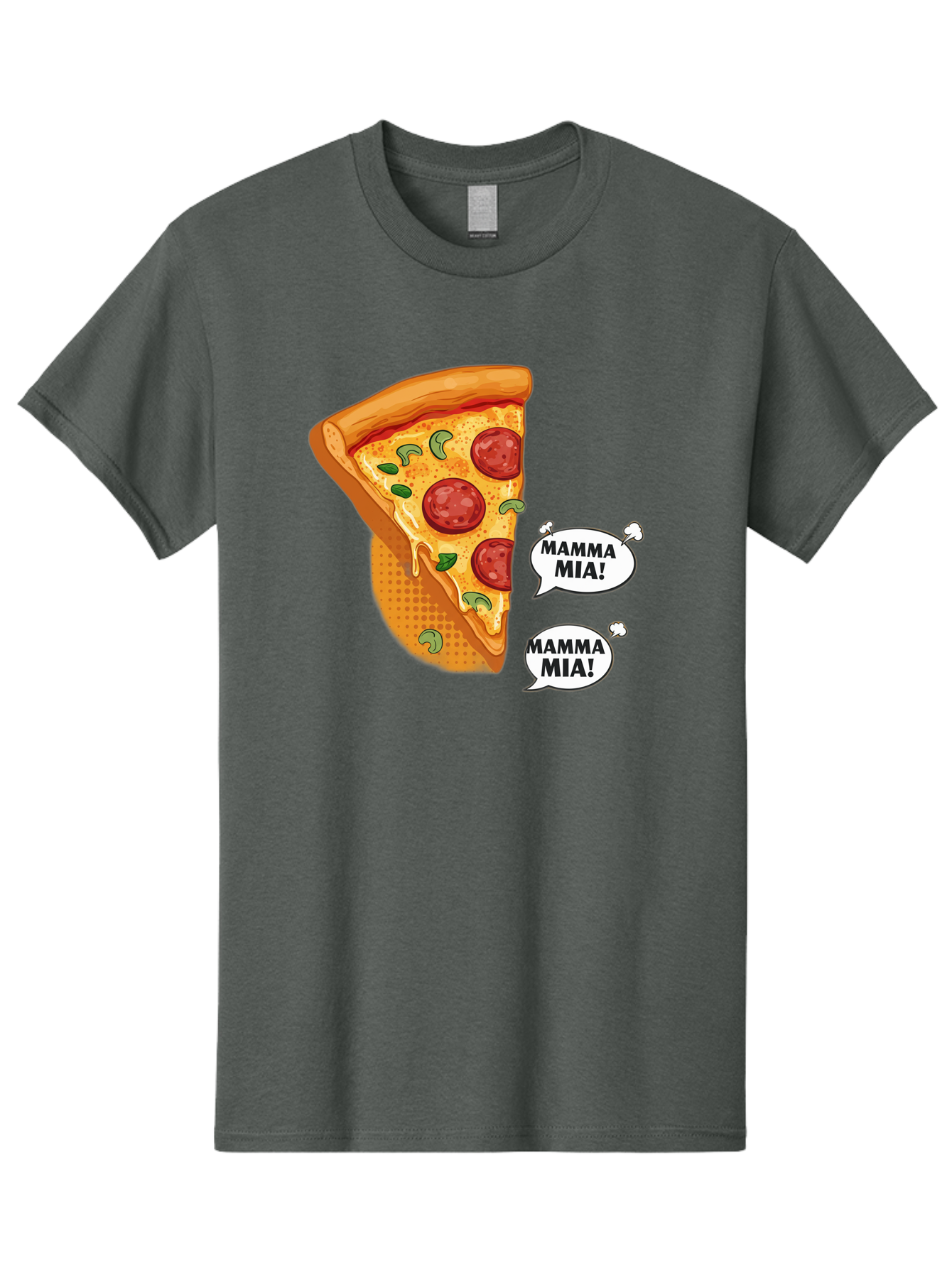 Mamma-Mia-Pizza Men'S Graphic Tee, 100% Cotton, Comfortable Casual Summer Wear, Machine Washable, Pepperoni Pizza Slice, Melted Cheese, Green Basil, Italian Food, Delicious Meal, Mamma Mia, Cartoon Style, Appetizing Dish, Cheesy Goodness, Bac125