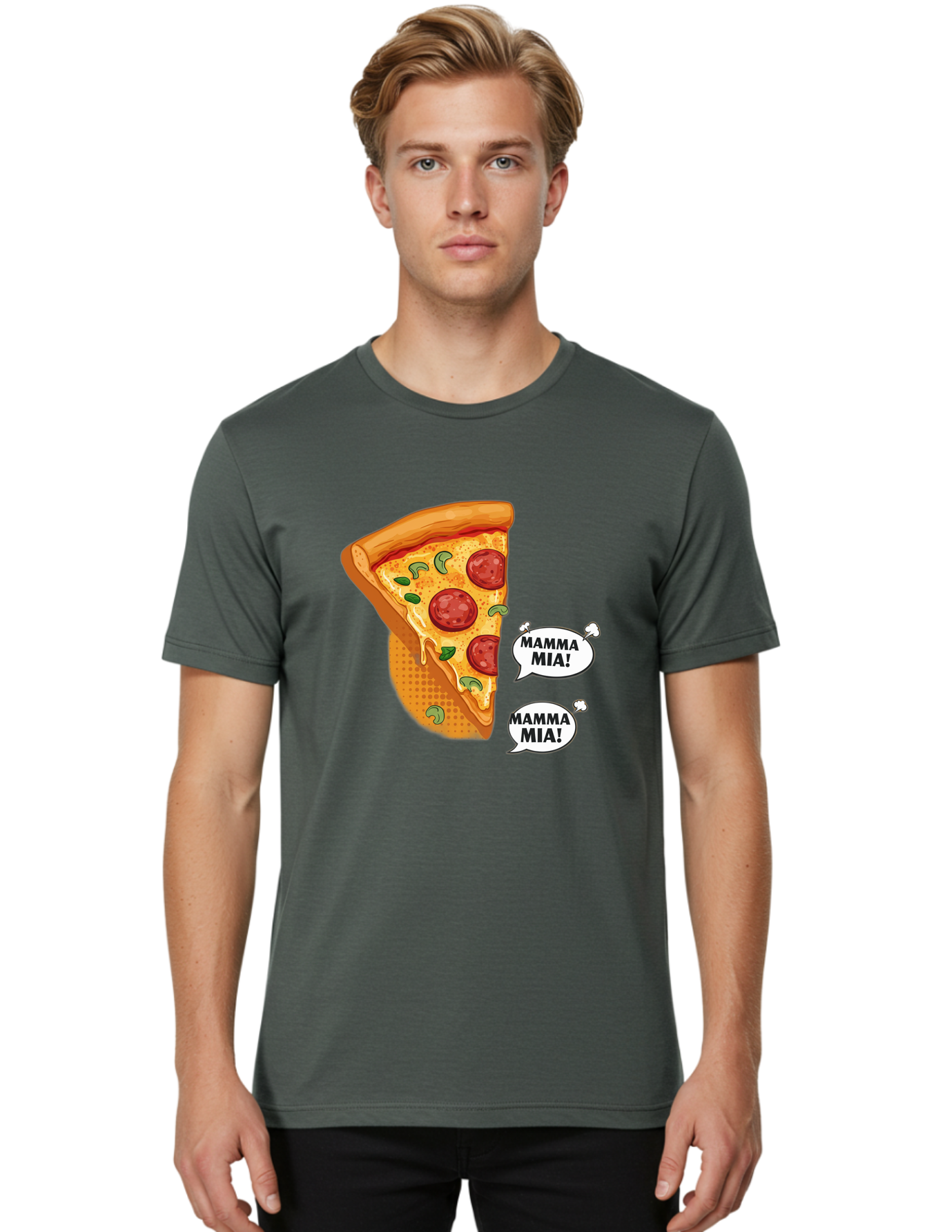 Mamma-Mia-Pizza Men'S Graphic Tee, 100% Cotton, Comfortable Casual Summer Wear, Machine Washable, Pepperoni Pizza Slice, Melted Cheese, Green Basil, Italian Food, Delicious Meal, Mamma Mia, Cartoon Style, Appetizing Dish, Cheesy Goodness, Bac125