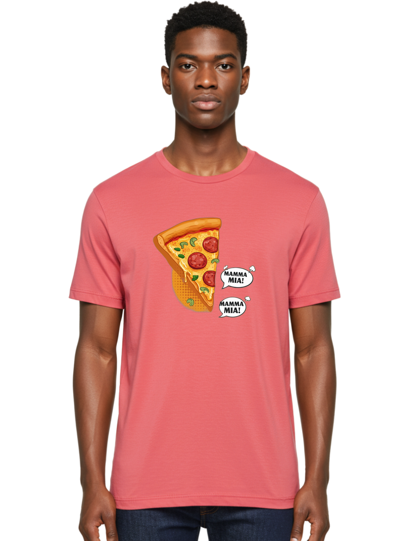 Mamma-Mia-Pizza Men'S Graphic Tee, 100% Cotton, Comfortable Casual Summer Wear, Machine Washable, Pepperoni Pizza Slice, Melted Cheese, Green Basil, Italian Food, Delicious Meal, Mamma Mia, Cartoon Style, Appetizing Dish, Cheesy Goodness, Bac125