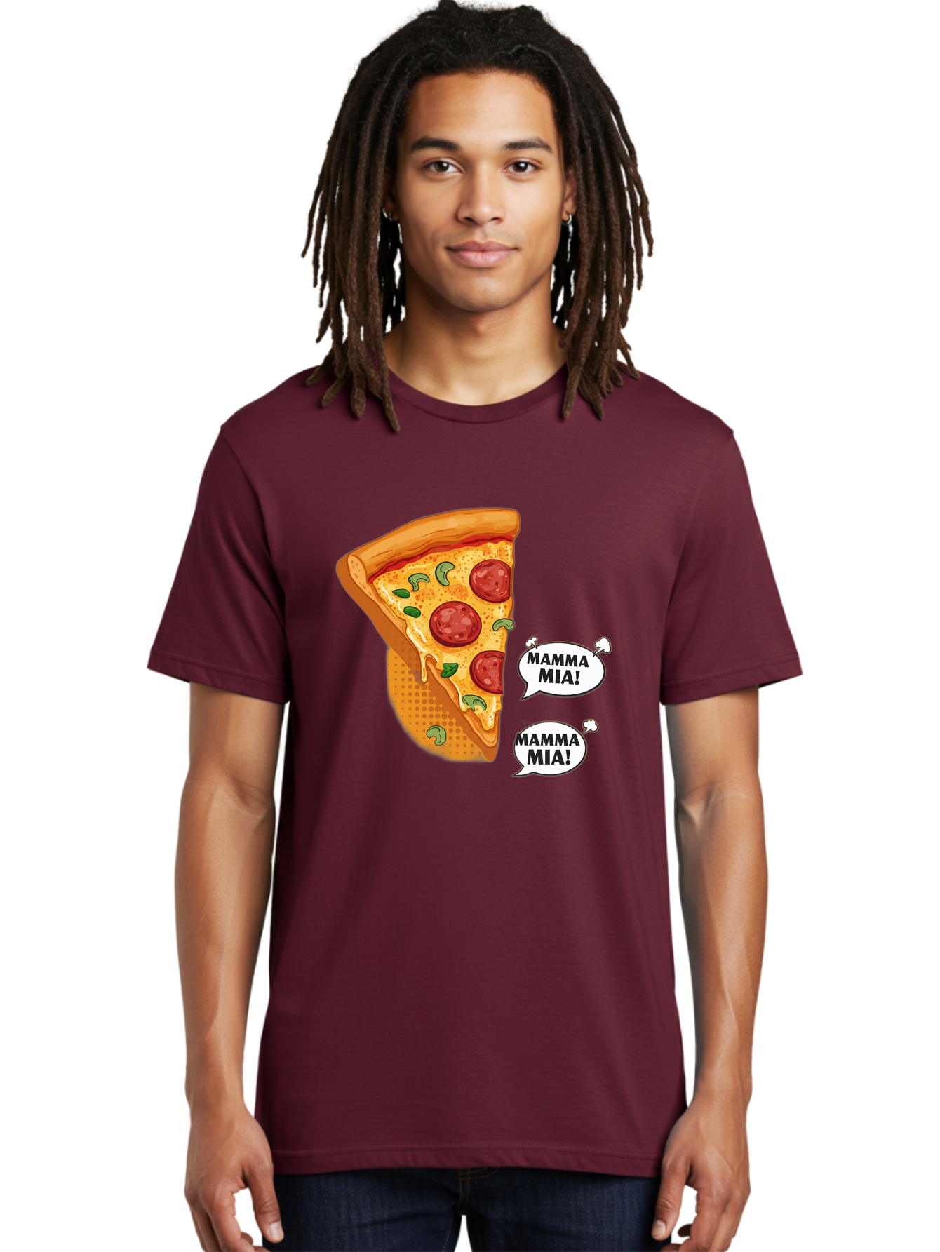 Mamma-Mia-Pizza Men'S Graphic Tee, 100% Cotton, Comfortable Casual Summer Wear, Machine Washable, Pepperoni Pizza Slice, Melted Cheese, Green Basil, Italian Food, Delicious Meal, Mamma Mia, Cartoon Style, Appetizing Dish, Cheesy Goodness, Bac125