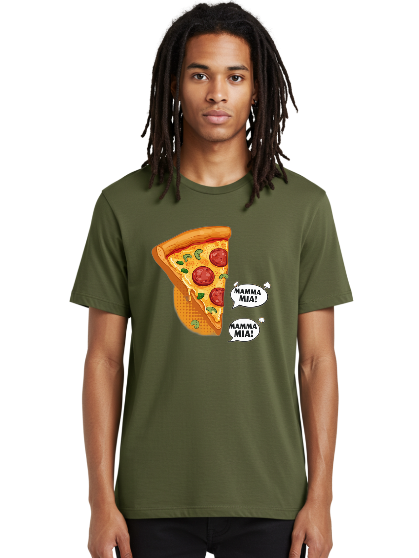 Mamma-Mia-Pizza Men'S Graphic Tee, 100% Cotton, Comfortable Casual Summer Wear, Machine Washable, Pepperoni Pizza Slice, Melted Cheese, Green Basil, Italian Food, Delicious Meal, Mamma Mia, Cartoon Style, Appetizing Dish, Cheesy Goodness, Bac125