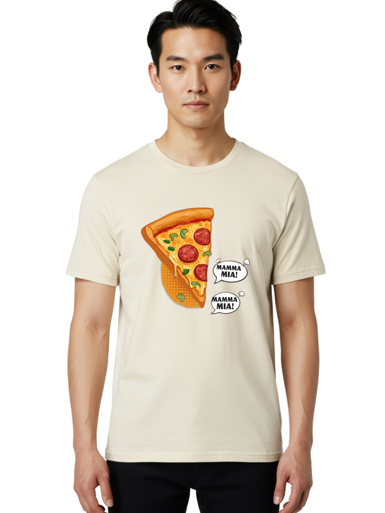 Mamma-Mia-Pizza Men'S Graphic Tee, 100% Cotton, Comfortable Casual Summer Wear, Machine Washable, Pepperoni Pizza Slice, Melted Cheese, Green Basil, Italian Food, Delicious Meal, Mamma Mia, Cartoon Style, Appetizing Dish, Cheesy Goodness, Bac125