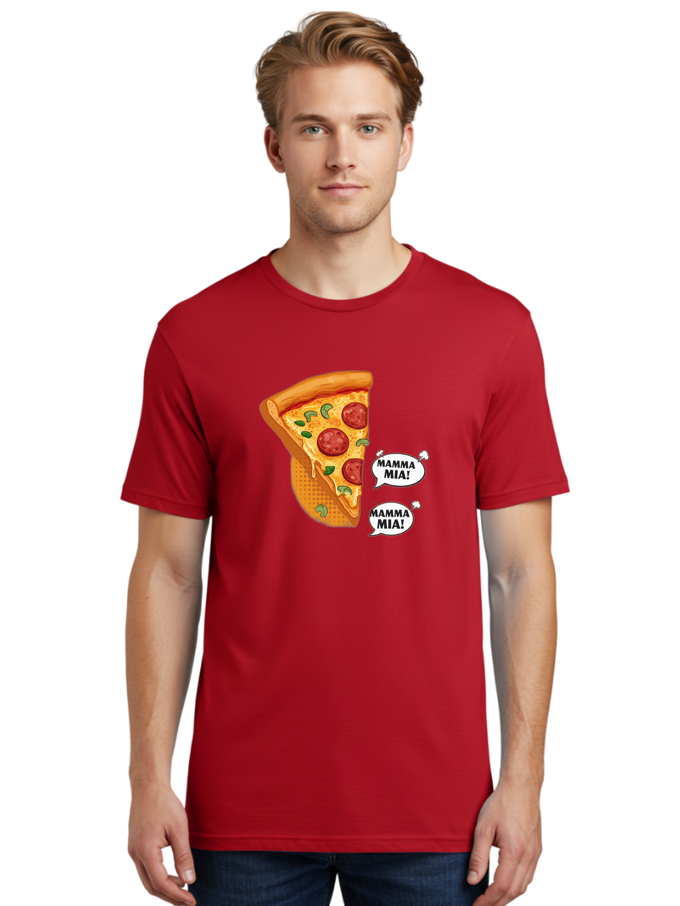 Mamma-Mia-Pizza Men'S Graphic Tee, 100% Cotton, Comfortable Casual Summer Wear, Machine Washable, Pepperoni Pizza Slice, Melted Cheese, Green Basil, Italian Food, Delicious Meal, Mamma Mia, Cartoon Style, Appetizing Dish, Cheesy Goodness, Bac125