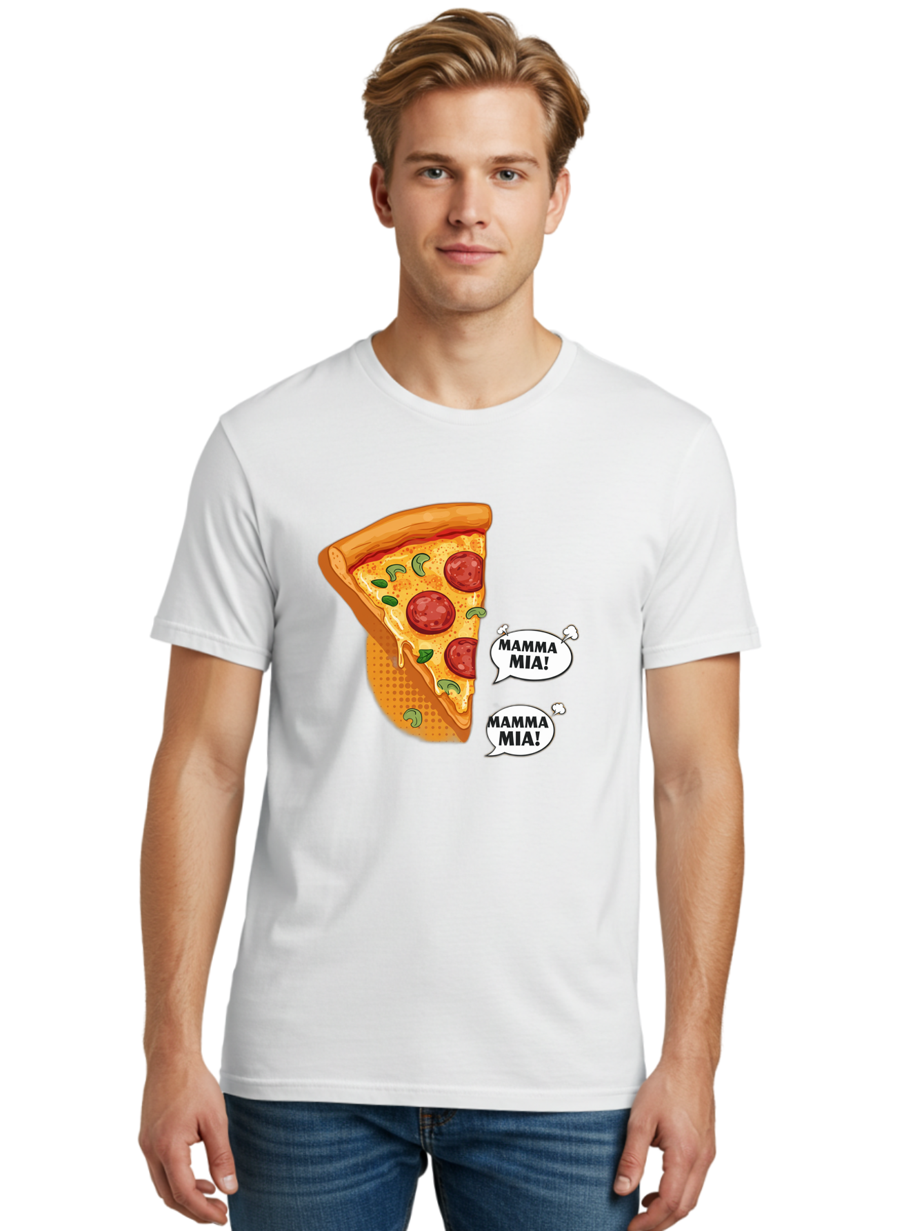 Mamma-Mia-Pizza Men'S Graphic Tee, 100% Cotton, Comfortable Casual Summer Wear, Machine Washable, Pepperoni Pizza Slice, Melted Cheese, Green Basil, Italian Food, Delicious Meal, Mamma Mia, Cartoon Style, Appetizing Dish, Cheesy Goodness, Bac125