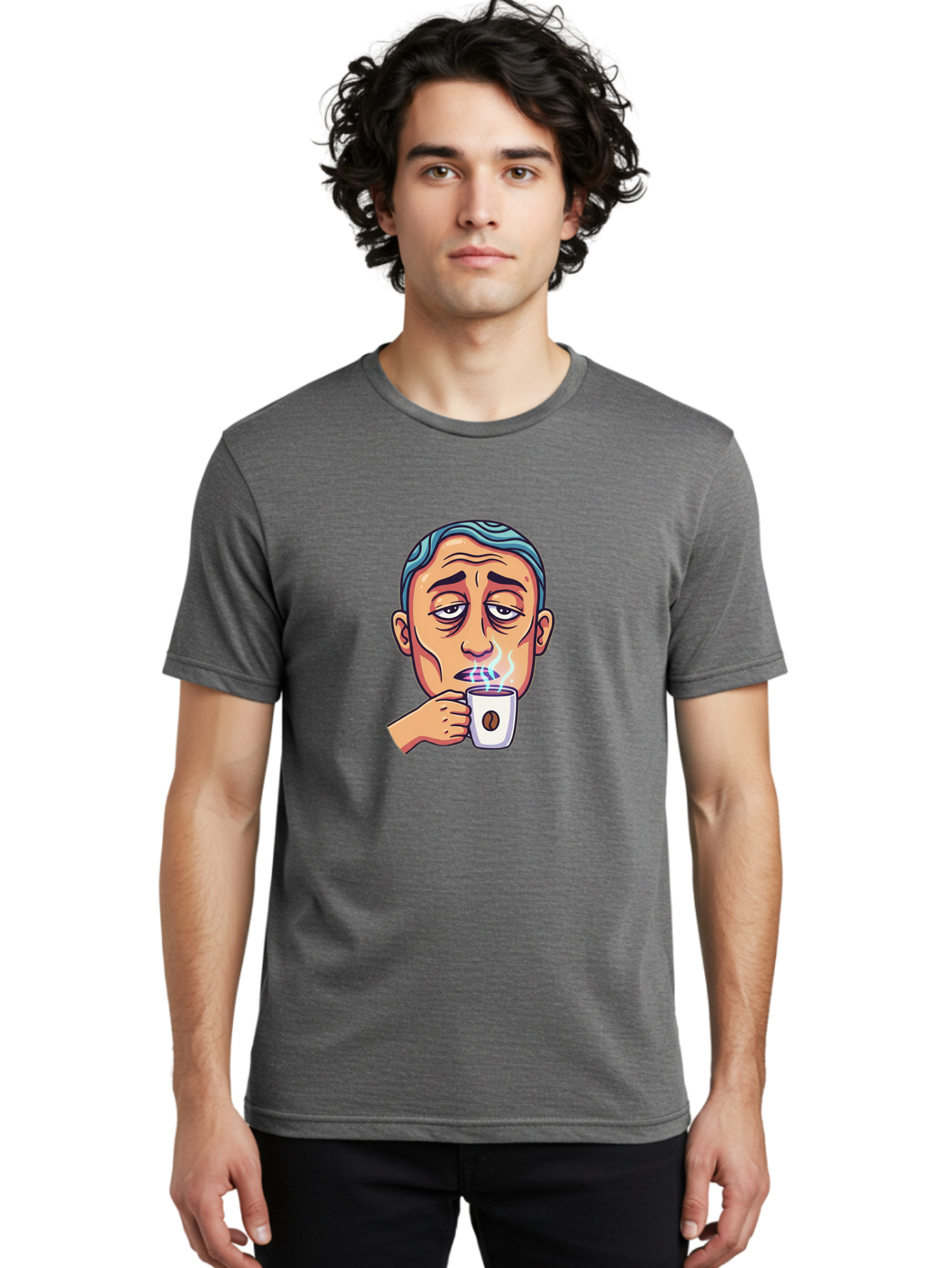 Man-Drinking-Coffee-1 Men'S Graphic Tee, 100% Cotton, Comfortable Casual Summer Wear, Machine Washable, Cartoon Man Drinking Coffee, Steaming Hot Beverage, Morning Pick-Me-Up, Caffeine Fix, Coffee Lover, Humorous Illustration Bac126