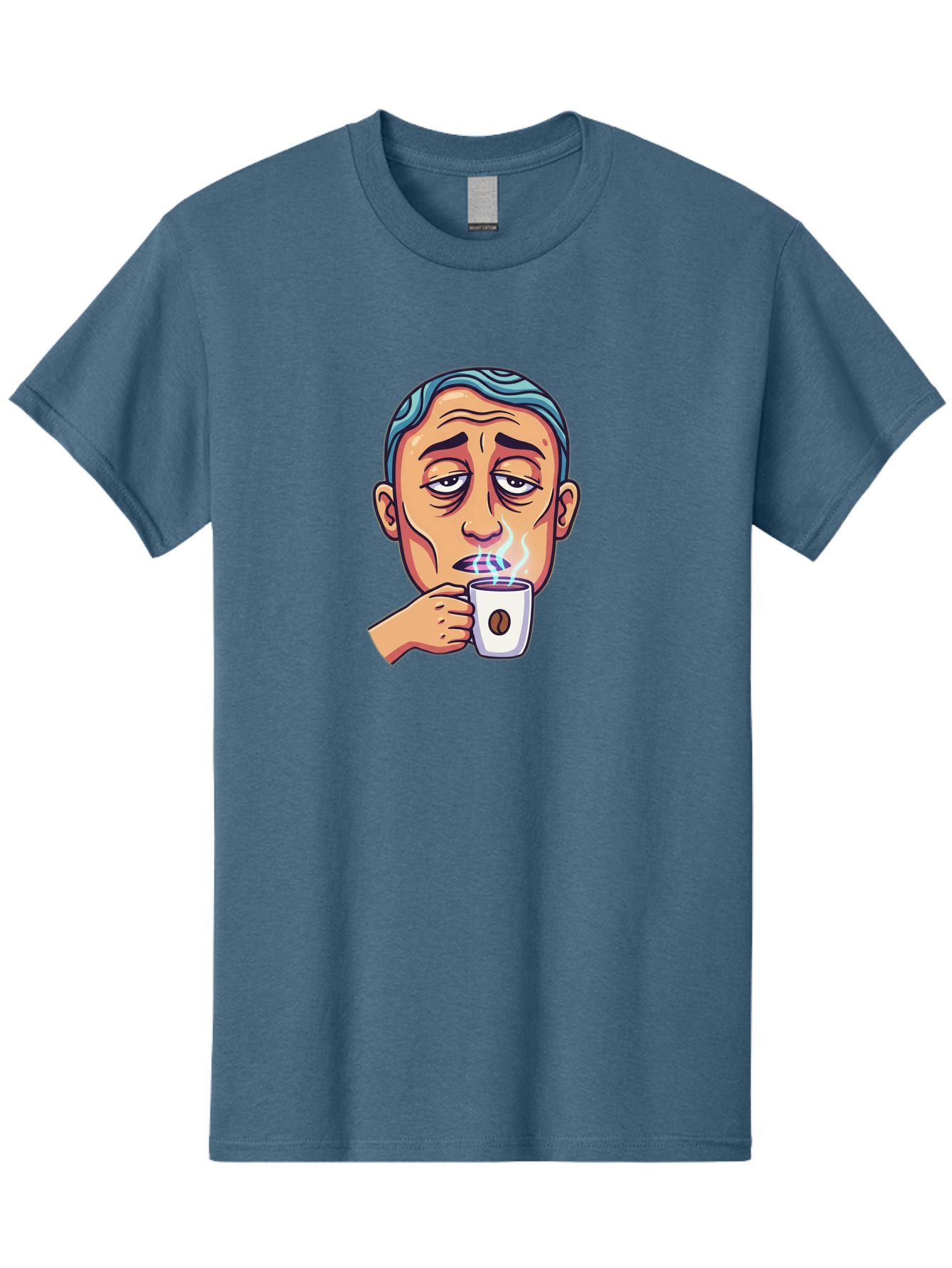 Man-Drinking-Coffee-1 Men'S Graphic Tee, 100% Cotton, Comfortable Casual Summer Wear, Machine Washable, Cartoon Man Drinking Coffee, Steaming Hot Beverage, Morning Pick-Me-Up, Caffeine Fix, Coffee Lover, Humorous Illustration Bac126