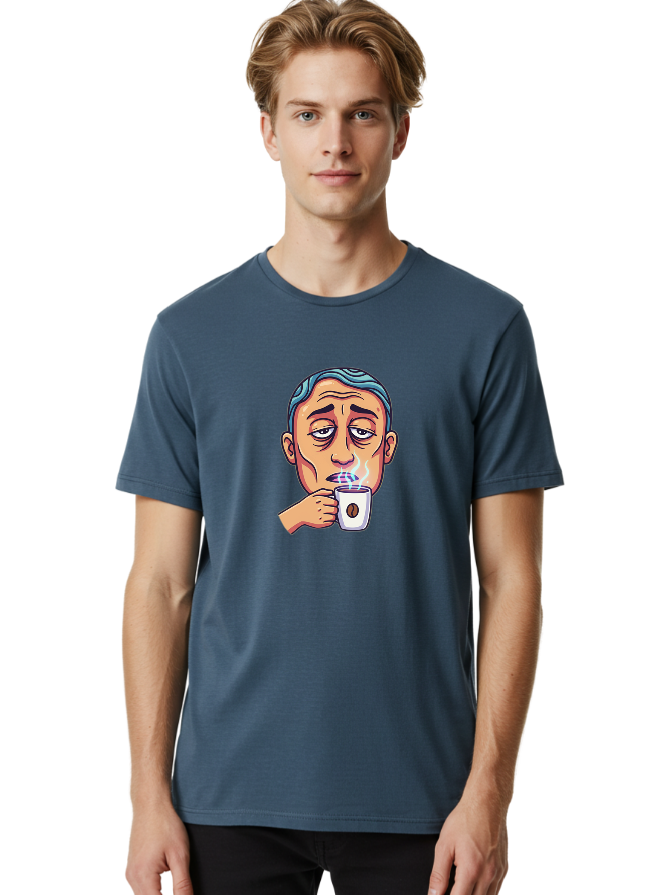 Man-Drinking-Coffee-1 Men'S Graphic Tee, 100% Cotton, Comfortable Casual Summer Wear, Machine Washable, Cartoon Man Drinking Coffee, Steaming Hot Beverage, Morning Pick-Me-Up, Caffeine Fix, Coffee Lover, Humorous Illustration Bac126