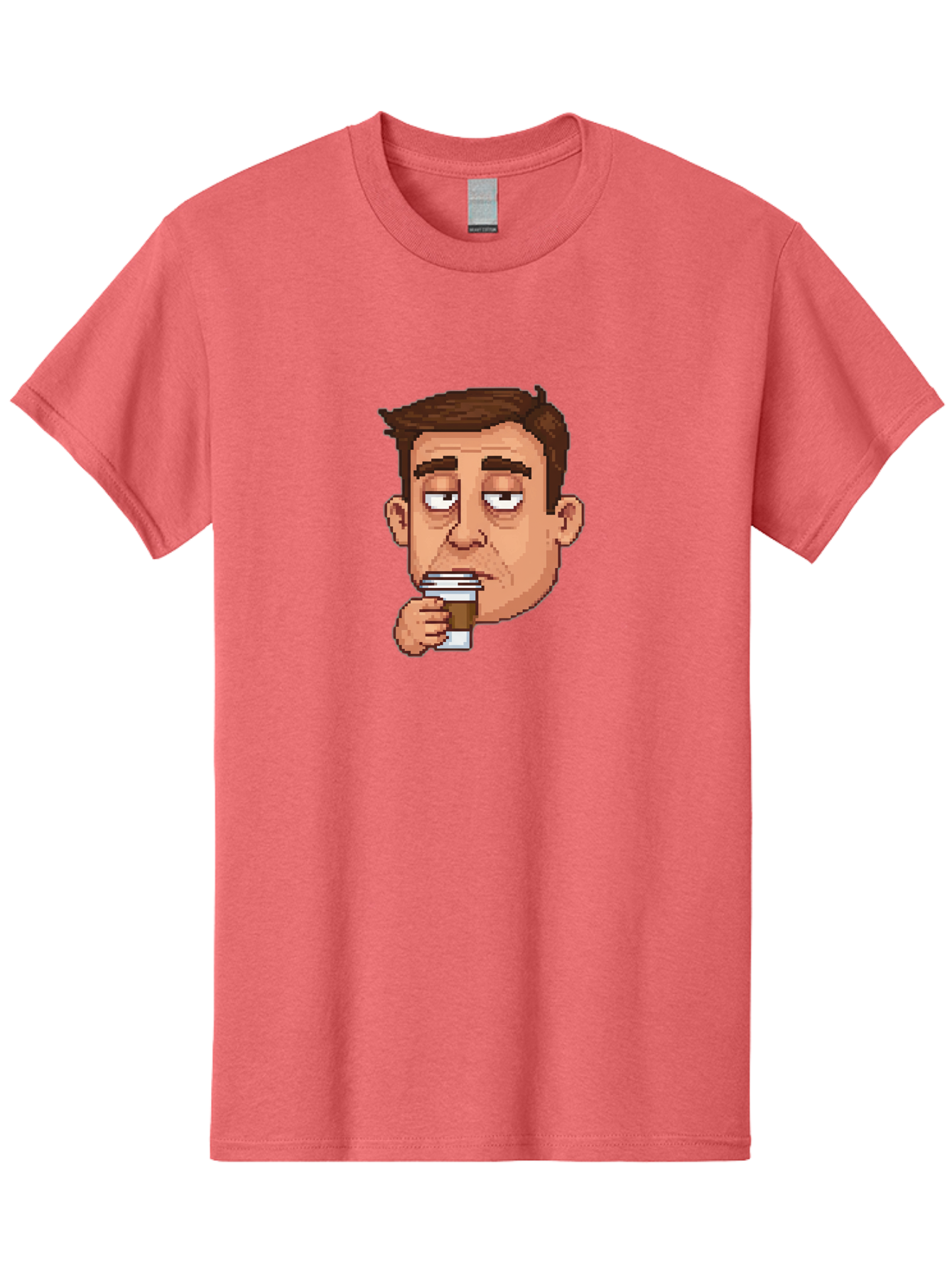 Man-Drinking-Coffee Men'S Graphic Tee, 100% Cotton, Comfortable Casual Summer Wear, Machine Washable, Cartoon Man, Pixel Art, Coffee Cup, Morning Routine, Daily Grind, Coffee Lover, Relaxed Atmosphere, Pixelated Character Bac127