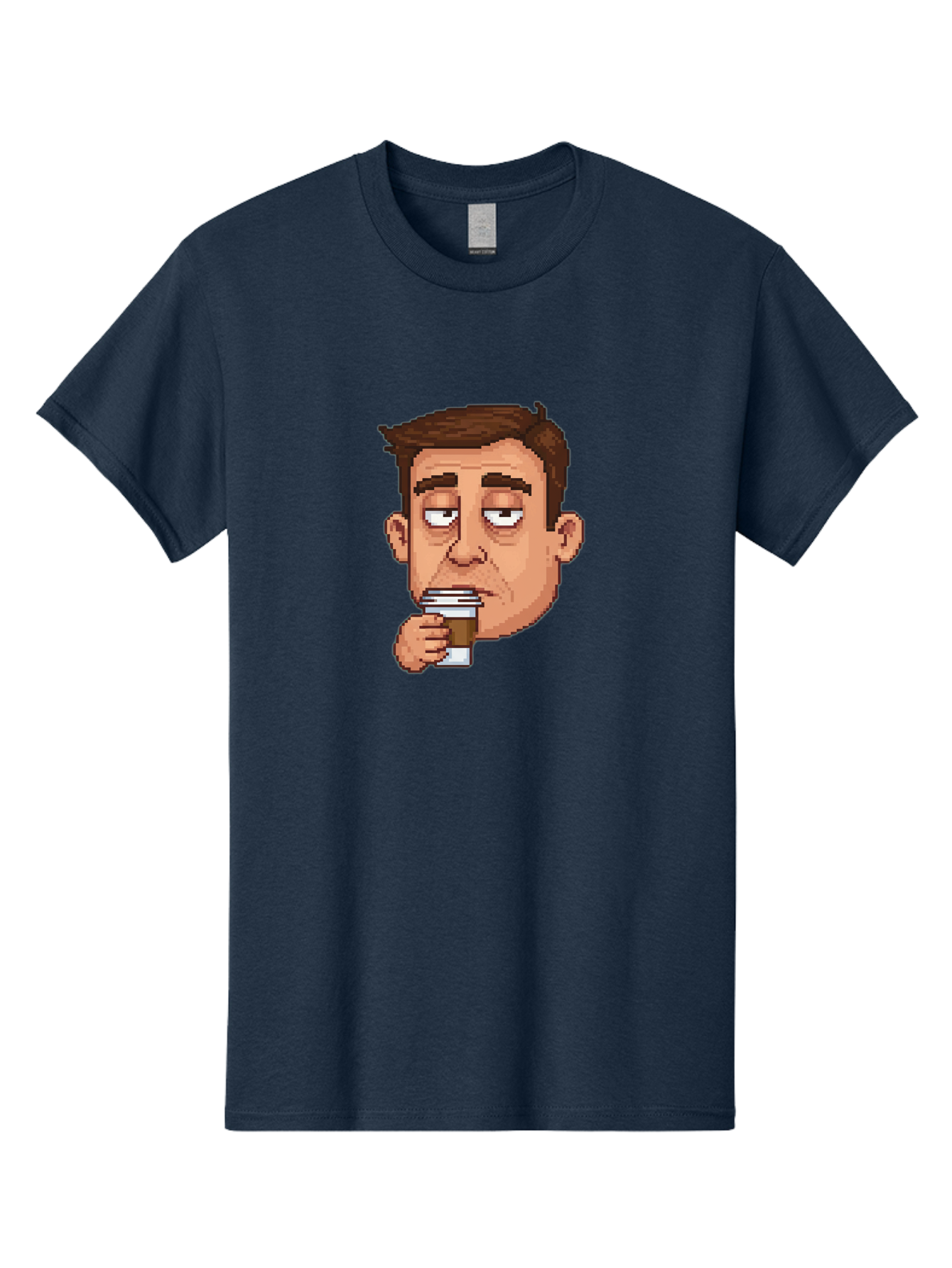 Man-Drinking-Coffee Men'S Graphic Tee, 100% Cotton, Comfortable Casual Summer Wear, Machine Washable, Cartoon Man, Pixel Art, Coffee Cup, Morning Routine, Daily Grind, Coffee Lover, Relaxed Atmosphere, Pixelated Character Bac127
