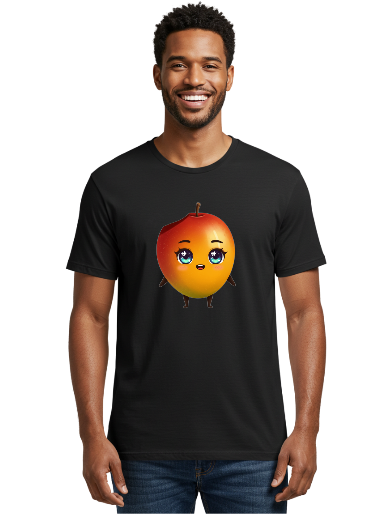 Mango-1 Men'S Graphic Tee, 100% Cotton, Comfortable Casual Summer Wear, Machine Washable, Cartoon Apple, Kawaii Fruit, Adorable Character, Big Eyes, Sweet Expression, Playful Design, Vibrant Colors, Fun Illustration, Kawaii Art Bac128