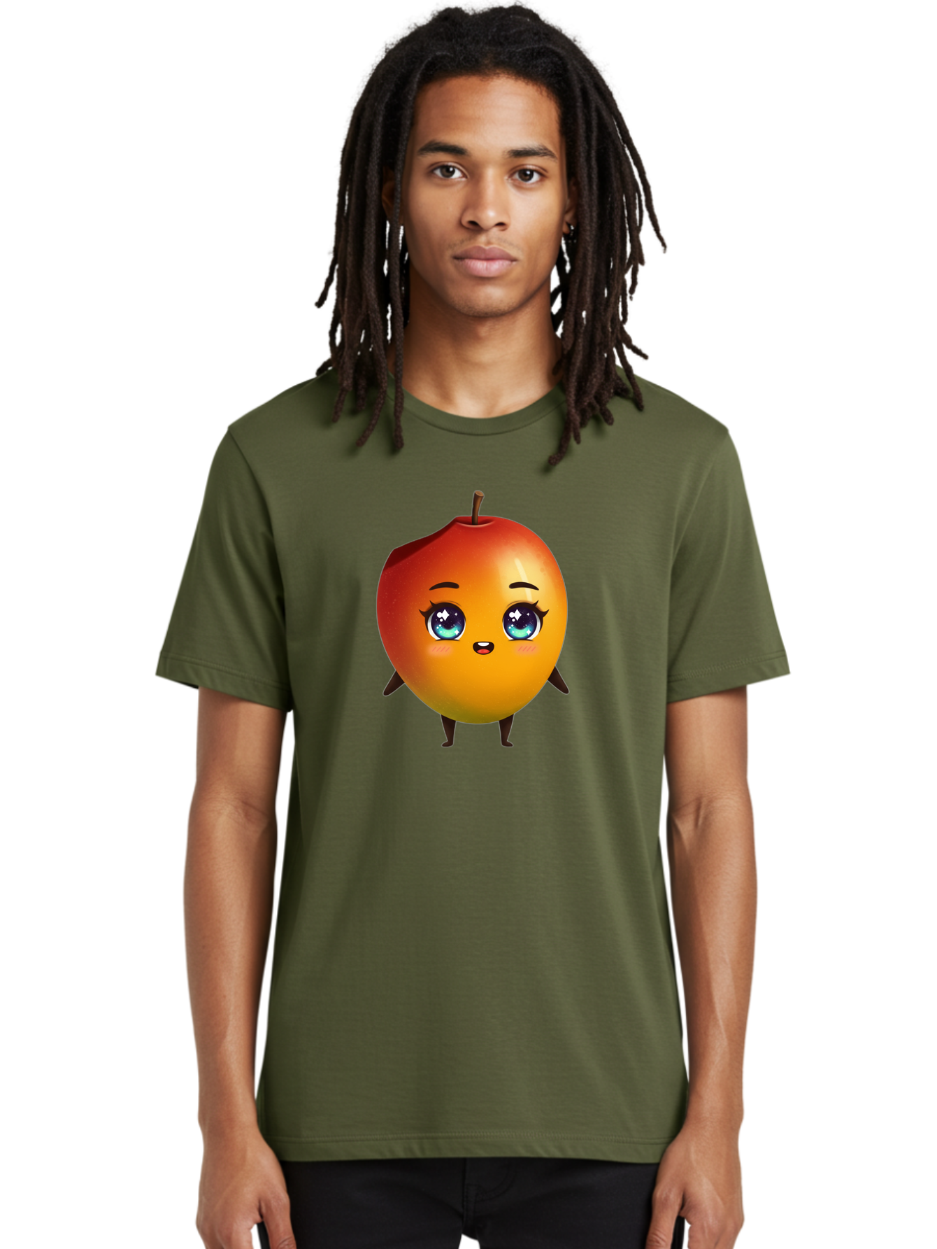 Mango-1 Men'S Graphic Tee, 100% Cotton, Comfortable Casual Summer Wear, Machine Washable, Cartoon Apple, Kawaii Fruit, Adorable Character, Big Eyes, Sweet Expression, Playful Design, Vibrant Colors, Fun Illustration, Kawaii Art Bac128