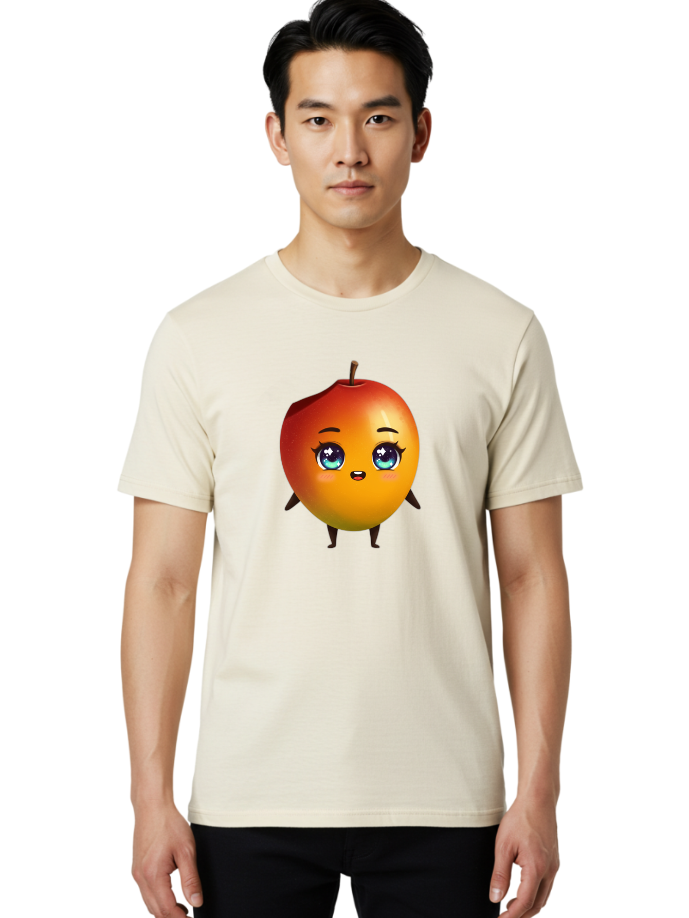 Mango-1 Men'S Graphic Tee, 100% Cotton, Comfortable Casual Summer Wear, Machine Washable, Cartoon Apple, Kawaii Fruit, Adorable Character, Big Eyes, Sweet Expression, Playful Design, Vibrant Colors, Fun Illustration, Kawaii Art Bac128