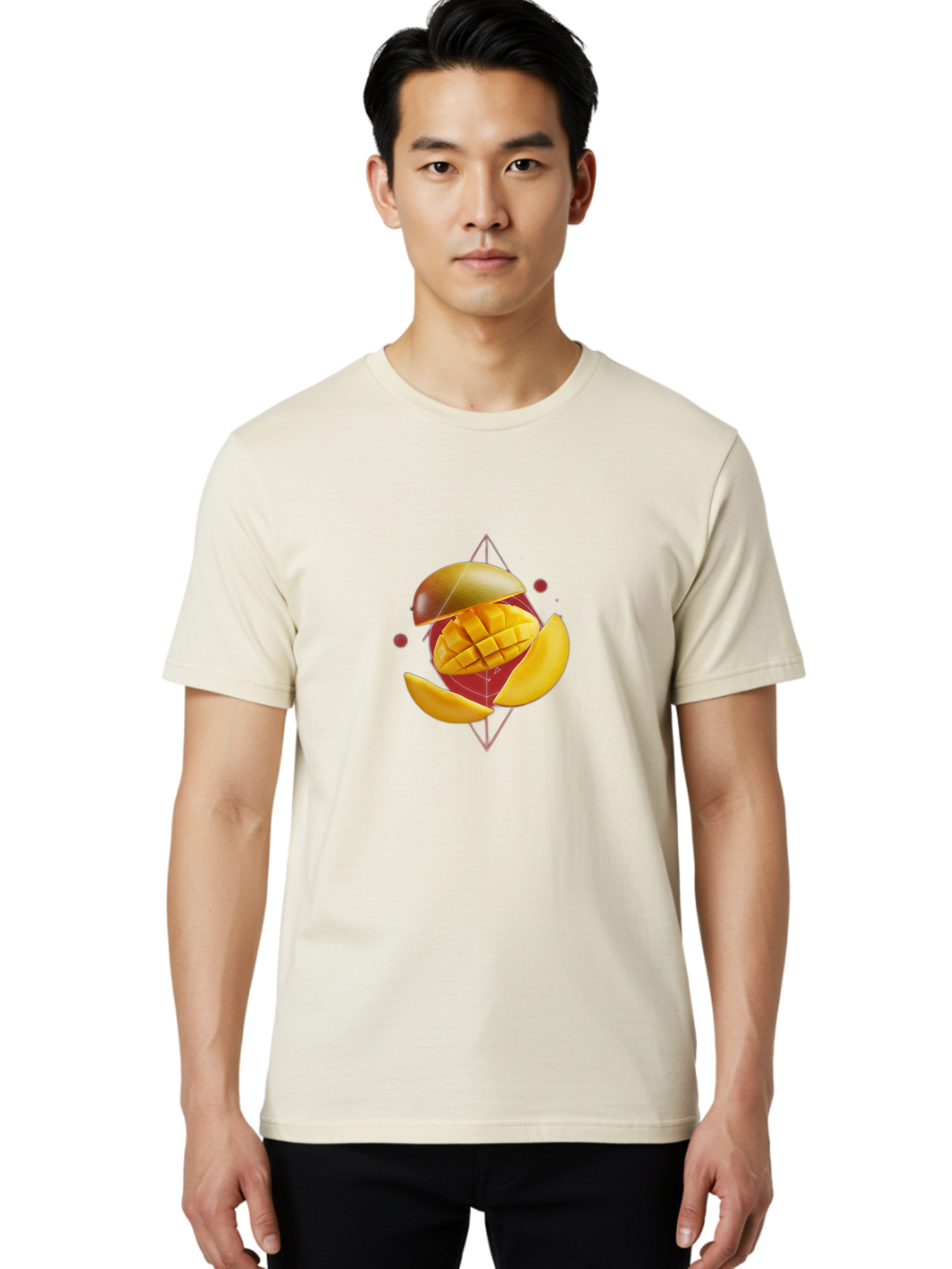 Mango-2 Men'S Graphic Tee, 100% Cotton, Comfortable Casual Summer Wear, Machine Washable, Mango Fruit, Sliced Mango, Yellow Fruit, Tropical Flavors, Juicy Texture, Fruit Arrangement, Geometric Shapes, Fresh Produce, Healthy Snack Bac129