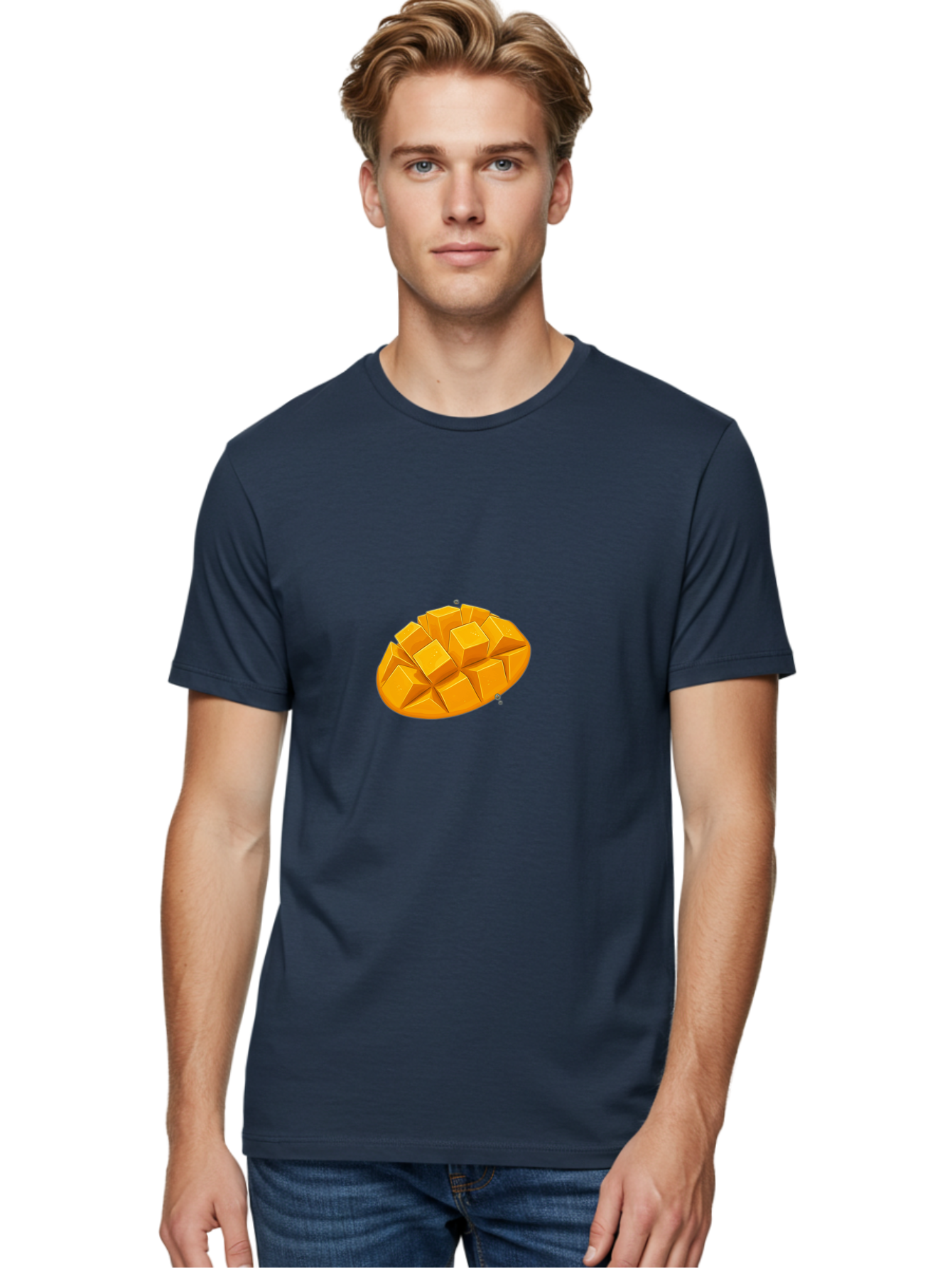 Mango-3 Men'S Graphic Tee, 100% Cotton, Comfortable Casual Summer Wear, Machine Washable, Cubed Mango, Diced Mango, Mango Fruit, Orange Fruit, 3D Illustration, Mango Chunks, Vibrant Orange, Fruit Graphic, Food Illustration Bac130