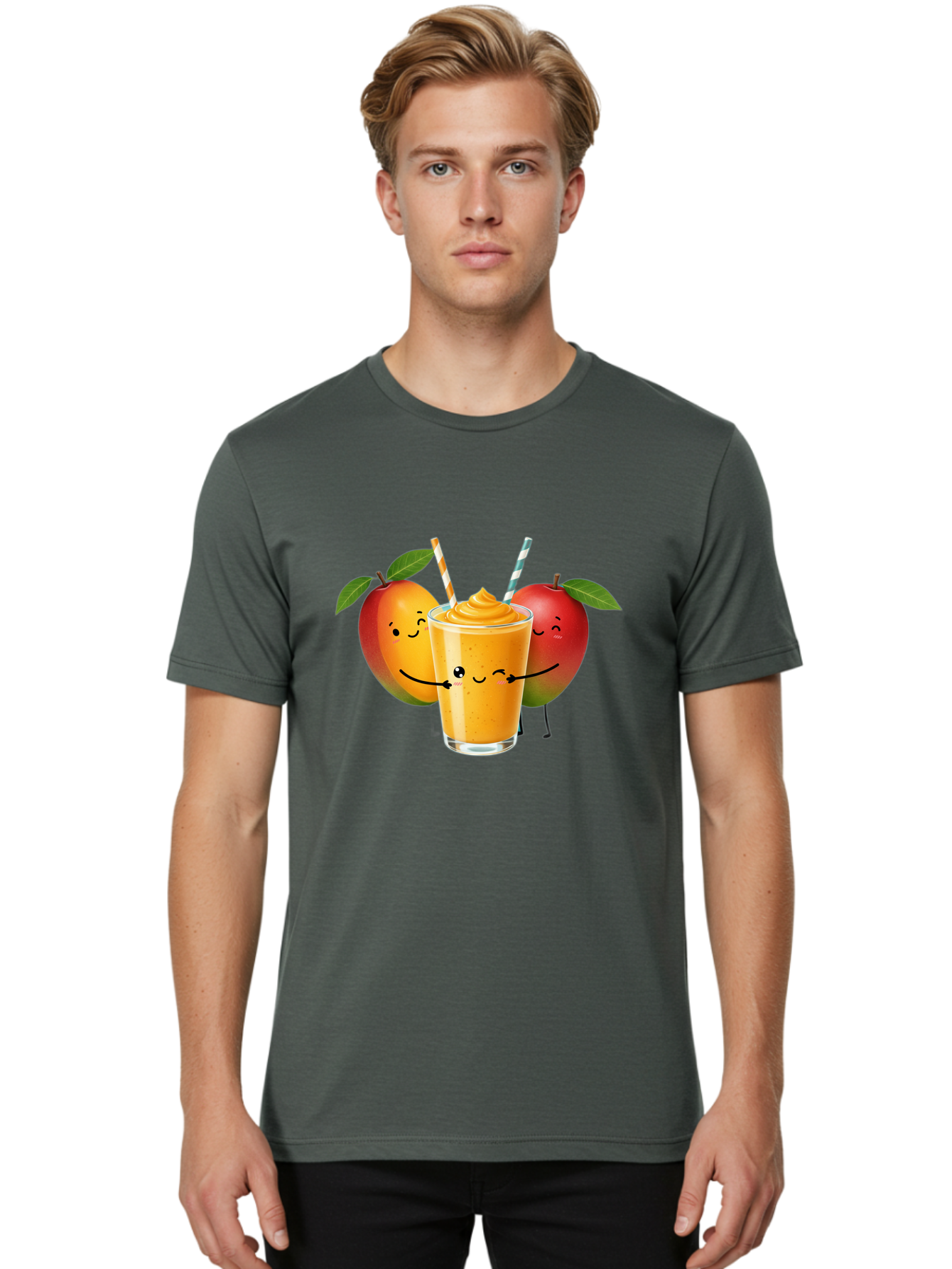 Mango-Apple-Smoothie Men'S Graphic Tee, 100% Cotton, Comfortable Casual Summer Wear, Machine Washable, Mango Smoothie, Apple Characters, Orange Drink, Cartoon Style, Happy Fruits, Smiling Faces, Healthy Beverage, Refreshing Drink, Bac135