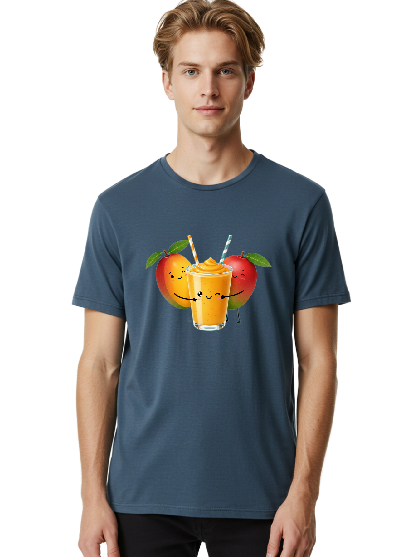 Mango-Apple-Smoothie Men'S Graphic Tee, 100% Cotton, Comfortable Casual Summer Wear, Machine Washable, Mango Smoothie, Apple Characters, Orange Drink, Cartoon Style, Happy Fruits, Smiling Faces, Healthy Beverage, Refreshing Drink, Bac135