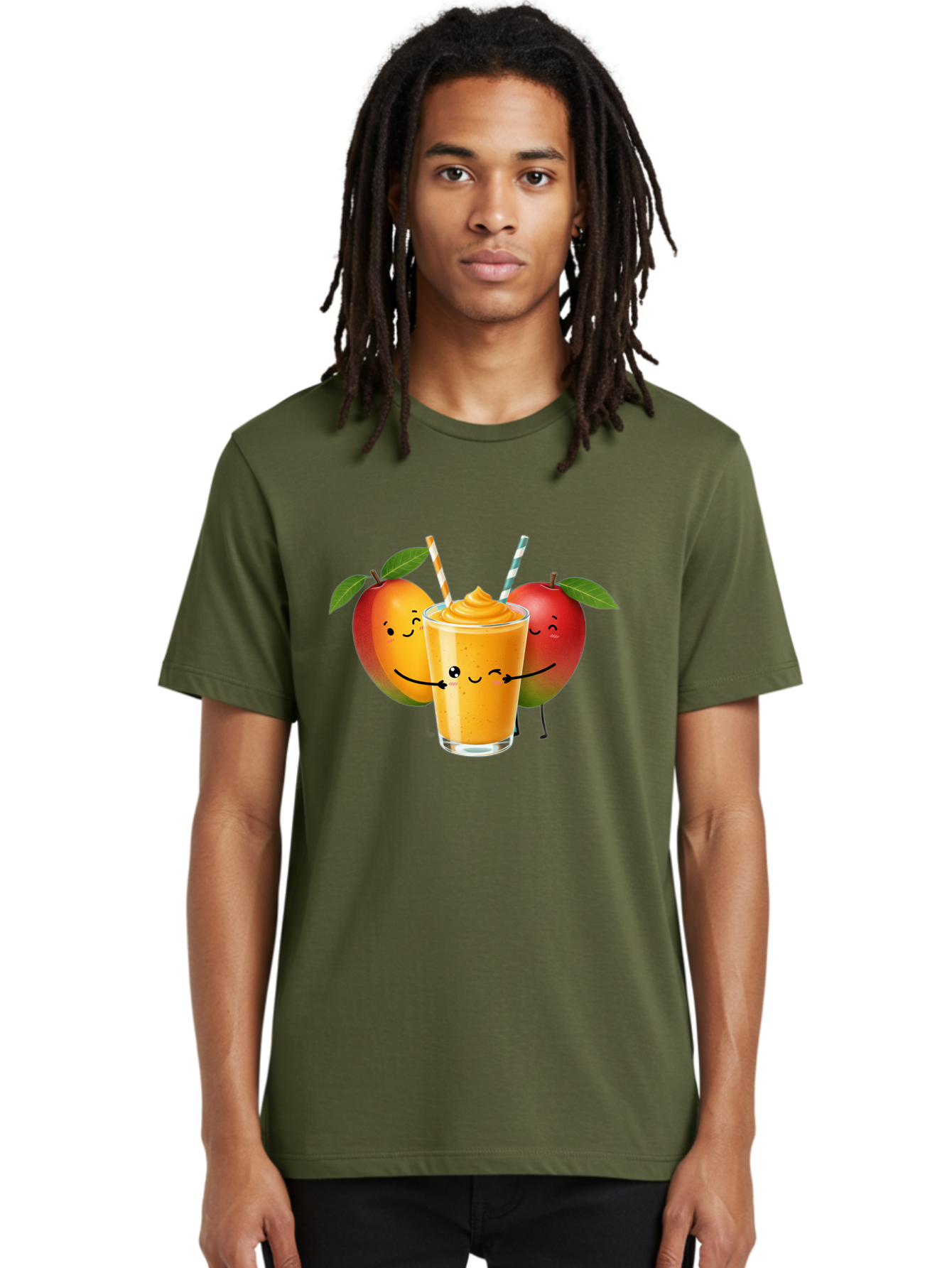 Mango-Apple-Smoothie Men'S Graphic Tee, 100% Cotton, Comfortable Casual Summer Wear, Machine Washable, Mango Smoothie, Apple Characters, Orange Drink, Cartoon Style, Happy Fruits, Smiling Faces, Healthy Beverage, Refreshing Drink, Bac135