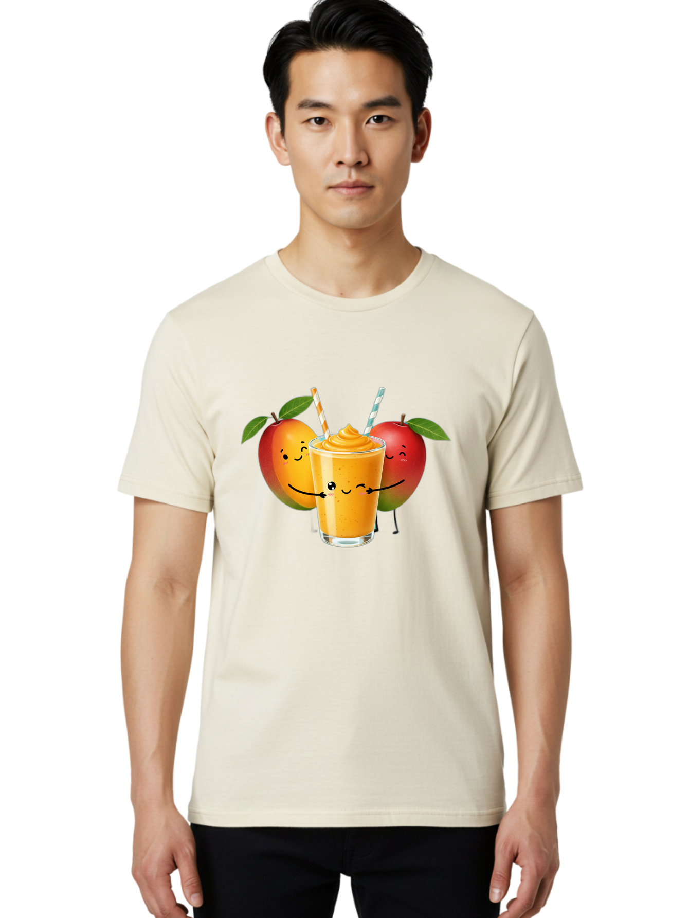 Mango-Apple-Smoothie Men'S Graphic Tee, 100% Cotton, Comfortable Casual Summer Wear, Machine Washable, Mango Smoothie, Apple Characters, Orange Drink, Cartoon Style, Happy Fruits, Smiling Faces, Healthy Beverage, Refreshing Drink, Bac135
