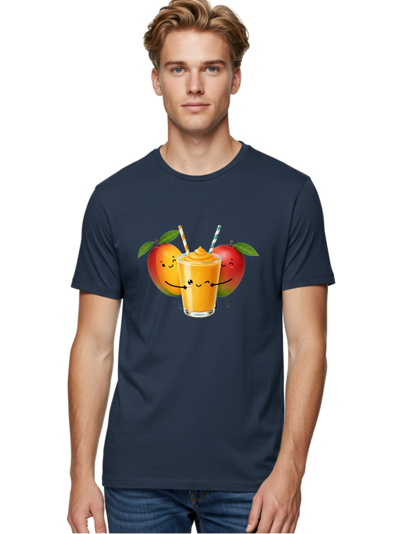 Mango-Apple-Smoothie Men'S Graphic Tee, 100% Cotton, Comfortable Casual Summer Wear, Machine Washable, Mango Smoothie, Apple Characters, Orange Drink, Cartoon Style, Happy Fruits, Smiling Faces, Healthy Beverage, Refreshing Drink, Bac135