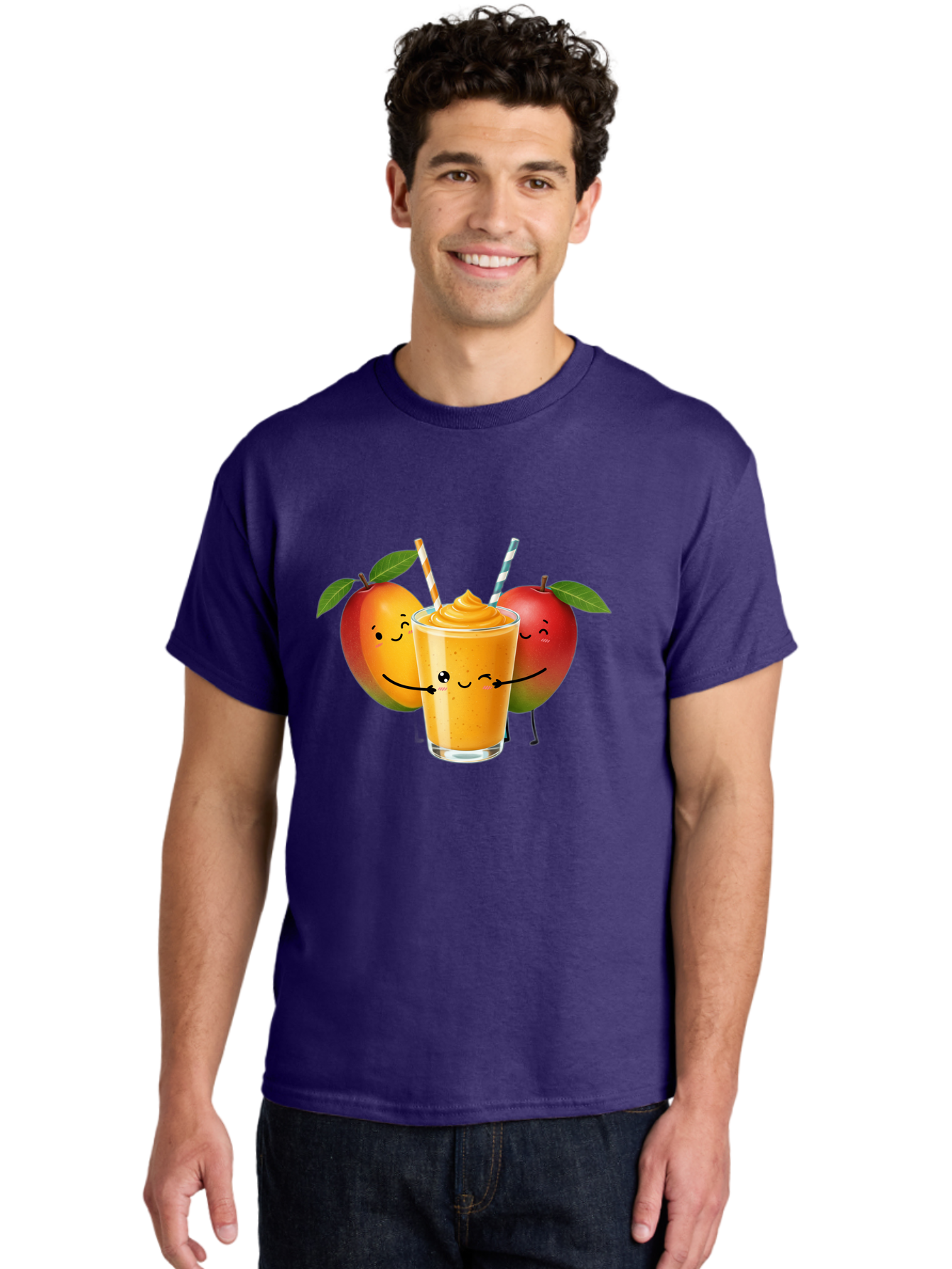 Mango-Apple-Smoothie Men'S Graphic Tee, 100% Cotton, Comfortable Casual Summer Wear, Machine Washable, Mango Smoothie, Apple Characters, Orange Drink, Cartoon Style, Happy Fruits, Smiling Faces, Healthy Beverage, Refreshing Drink, Bac135