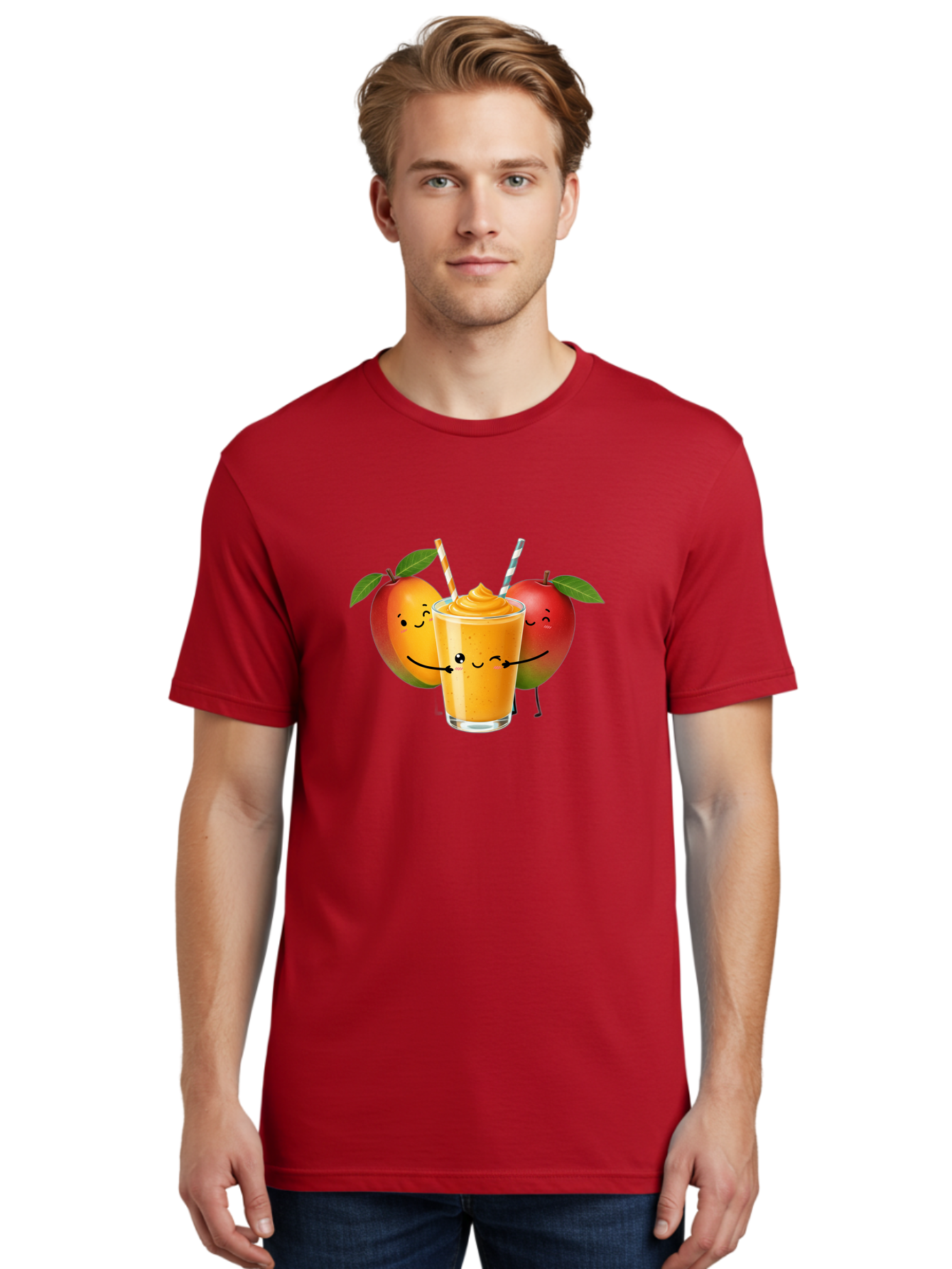 Mango-Apple-Smoothie Men'S Graphic Tee, 100% Cotton, Comfortable Casual Summer Wear, Machine Washable, Mango Smoothie, Apple Characters, Orange Drink, Cartoon Style, Happy Fruits, Smiling Faces, Healthy Beverage, Refreshing Drink, Bac135
