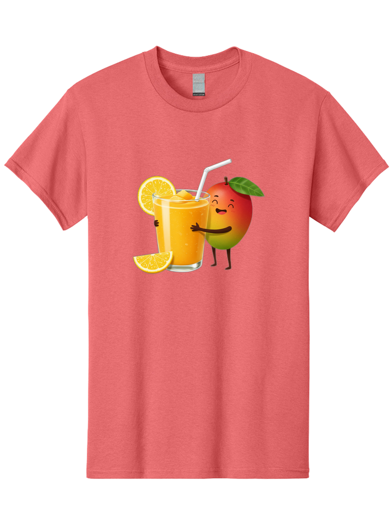 Mango-Character-1 Men'S Graphic Tee, 100% Cotton, Comfortable Casual Summer Wear, Machine Washable, Cartoon Mango, Orange Juice, Happy Fruit, Smiling Character, Juice Glass, Orange Slices, Straw, Vibrant Colors, Playful Illustration, Bac136