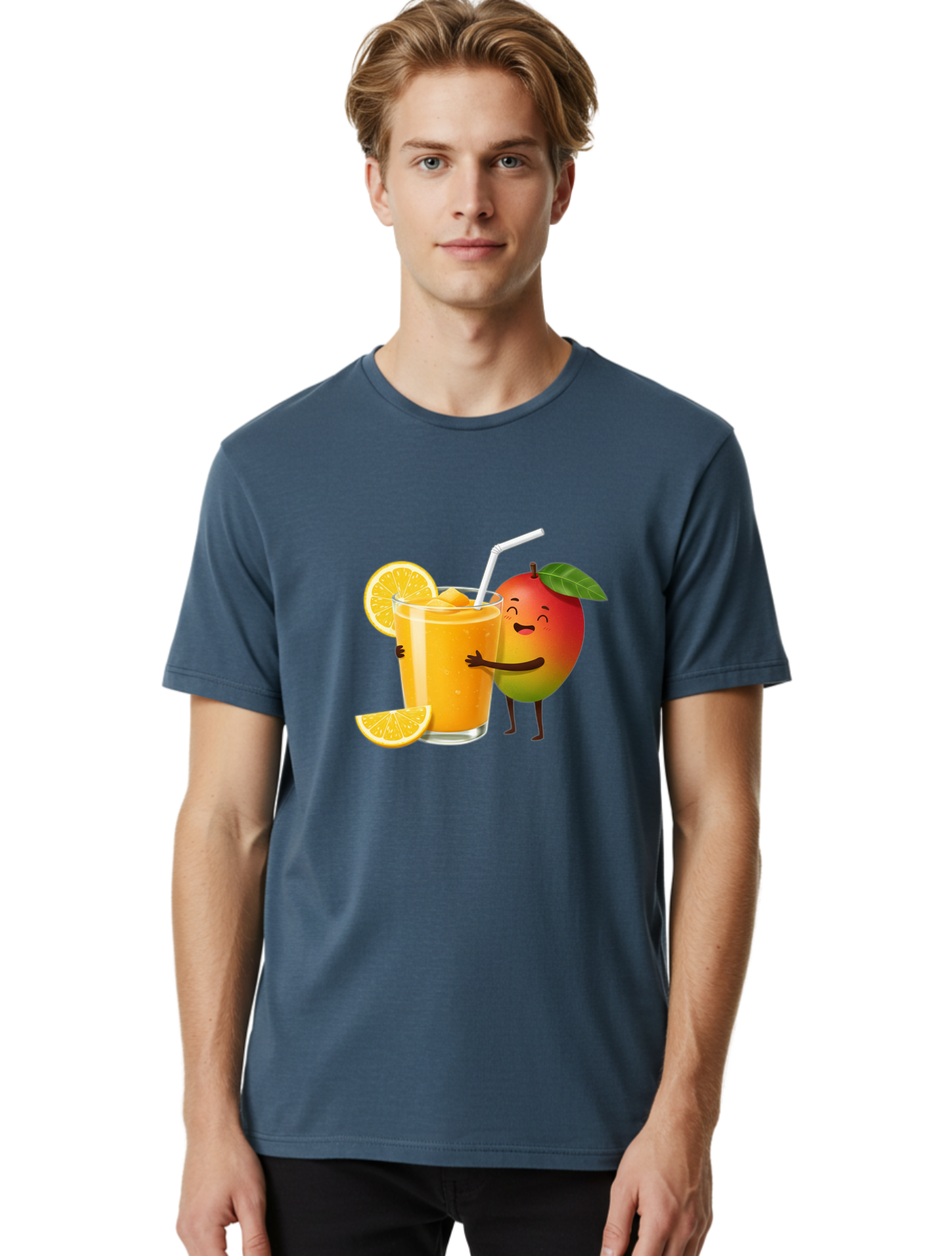 Mango-Character-1 Men'S Graphic Tee, 100% Cotton, Comfortable Casual Summer Wear, Machine Washable, Cartoon Mango, Orange Juice, Happy Fruit, Smiling Character, Juice Glass, Orange Slices, Straw, Vibrant Colors, Playful Illustration, Bac136
