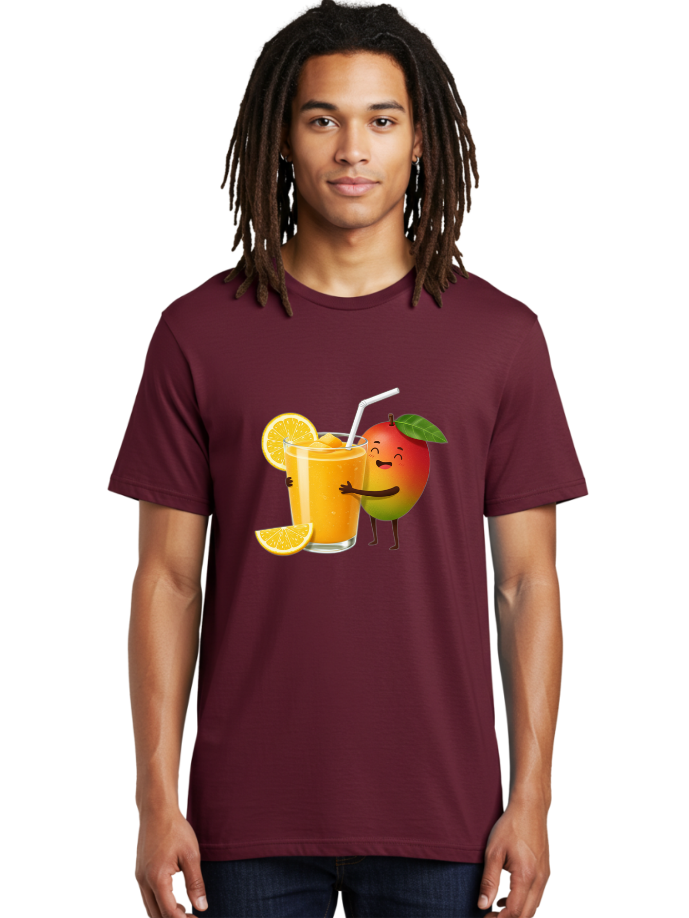 Mango-Character-1 Men'S Graphic Tee, 100% Cotton, Comfortable Casual Summer Wear, Machine Washable, Cartoon Mango, Orange Juice, Happy Fruit, Smiling Character, Juice Glass, Orange Slices, Straw, Vibrant Colors, Playful Illustration, Bac136