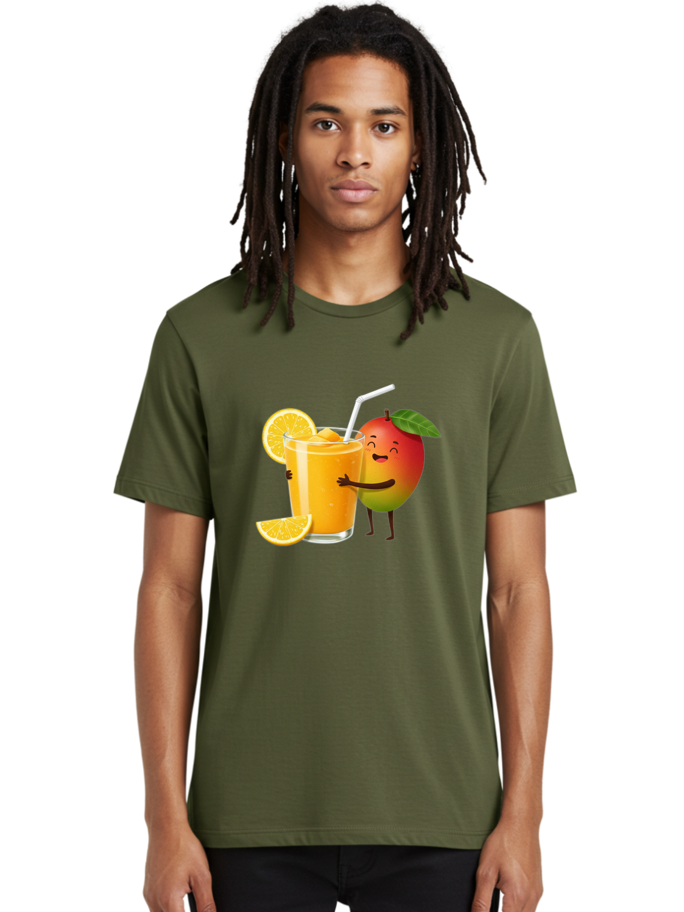 Mango-Character-1 Men'S Graphic Tee, 100% Cotton, Comfortable Casual Summer Wear, Machine Washable, Cartoon Mango, Orange Juice, Happy Fruit, Smiling Character, Juice Glass, Orange Slices, Straw, Vibrant Colors, Playful Illustration, Bac136