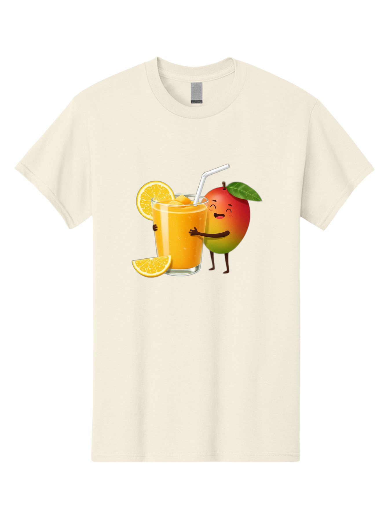 Mango-Character-1 Men'S Graphic Tee, 100% Cotton, Comfortable Casual Summer Wear, Machine Washable, Cartoon Mango, Orange Juice, Happy Fruit, Smiling Character, Juice Glass, Orange Slices, Straw, Vibrant Colors, Playful Illustration, Bac136