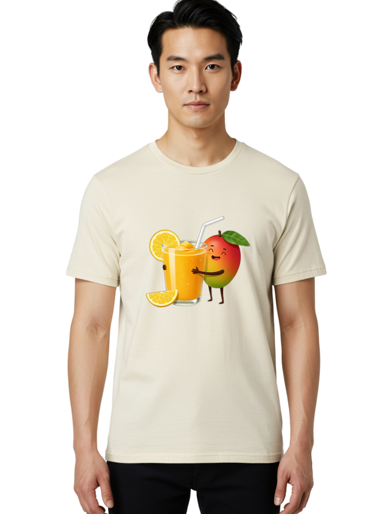 Mango-Character-1 Men'S Graphic Tee, 100% Cotton, Comfortable Casual Summer Wear, Machine Washable, Cartoon Mango, Orange Juice, Happy Fruit, Smiling Character, Juice Glass, Orange Slices, Straw, Vibrant Colors, Playful Illustration, Bac136