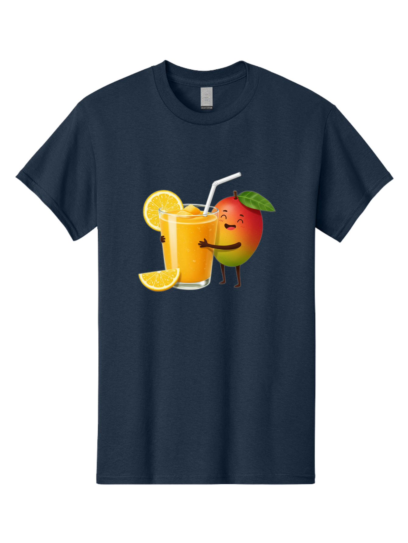 Mango-Character-1 Men'S Graphic Tee, 100% Cotton, Comfortable Casual Summer Wear, Machine Washable, Cartoon Mango, Orange Juice, Happy Fruit, Smiling Character, Juice Glass, Orange Slices, Straw, Vibrant Colors, Playful Illustration, Bac136
