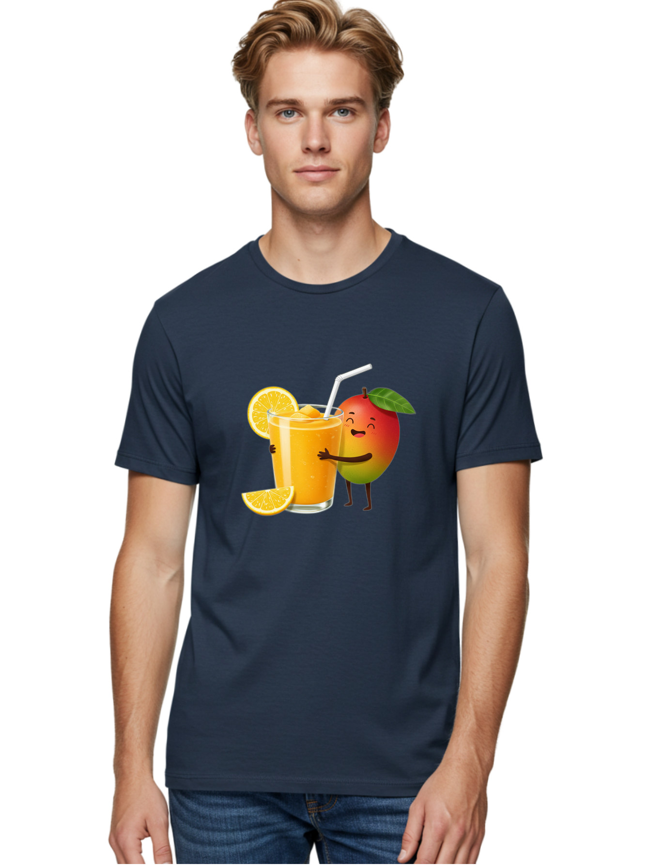 Mango-Character-1 Men'S Graphic Tee, 100% Cotton, Comfortable Casual Summer Wear, Machine Washable, Cartoon Mango, Orange Juice, Happy Fruit, Smiling Character, Juice Glass, Orange Slices, Straw, Vibrant Colors, Playful Illustration, Bac136